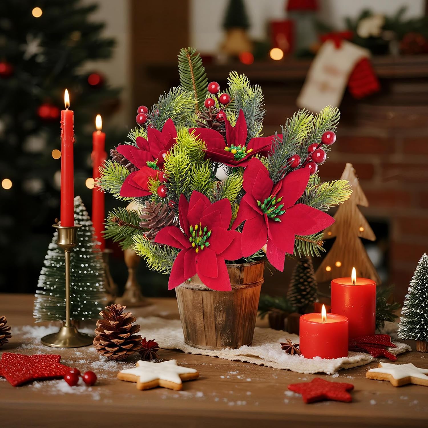 10 Pieces Christmas Flowers Artificial Floral Pine Cones Red Fake Berry Picks For Christmas Party Decoration Table Centerpieces (10)