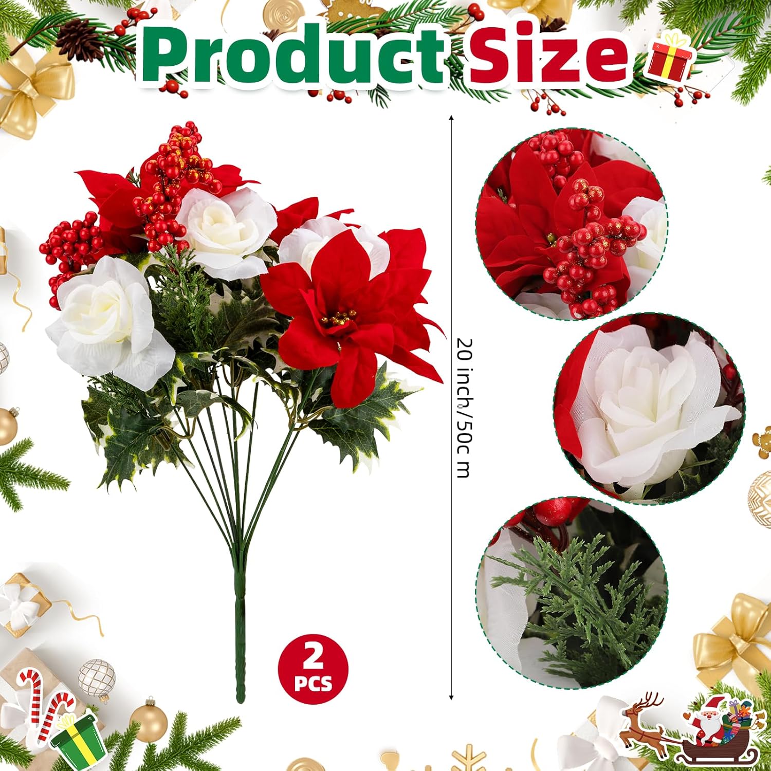 2 Pcs 20 Inch Artificial Red Poinsettia White Rose Bouquet With Berry Pine Branch 12 Stems Velvet Faux Poinsettia Floral For Vases Wreaths Garland Indoor Outdoor Christmas Tree Home Decorations