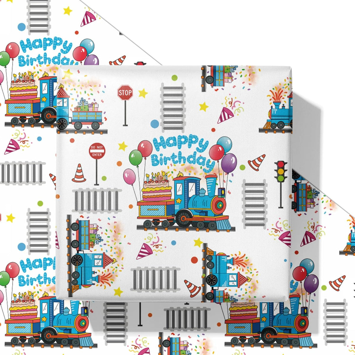 Birthday Train Wrapping Paper For Boys Kid - White Gift Wrap With Train Happy Birthday Balloons, Cake And Gifts Train Tracks For Baby Shower - 28X40 Inches, 4 Folded Sheets