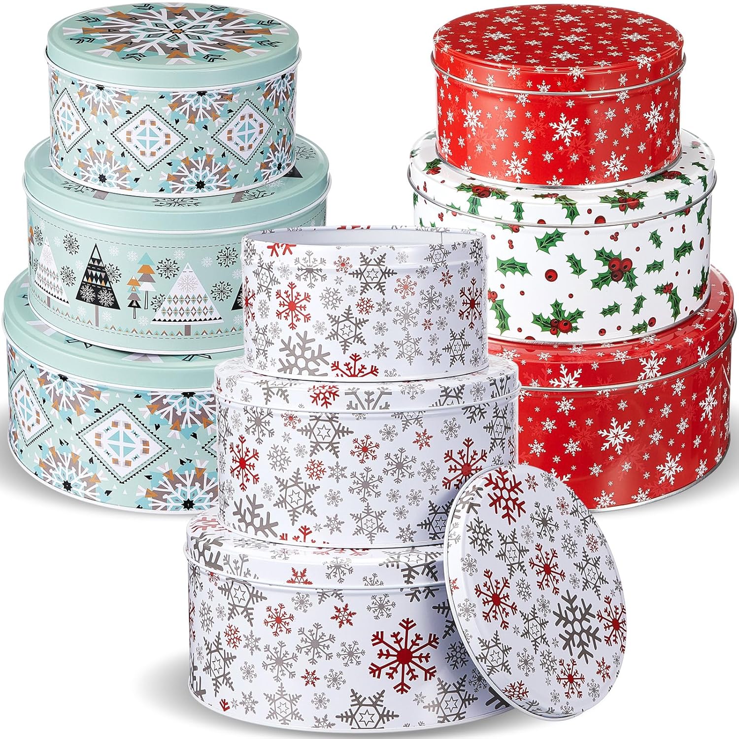 9 Pcs Christmas Cookie Tins Set 3 Sizes Decorative Cookie Boxes Christmas Tins With Lids Holiday Treats Round Metal Nesting Containers Candy Biscuits Treat Boxes(Berries,Snowflakes,Tree)