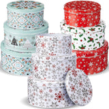 9 Pcs Christmas Cookie Tins Set 3 Sizes Decorative Cookie Boxes Christmas Tins With Lids Holiday Treats Round Metal Nesting Containers Candy Biscuits Treat Boxes(Berries,Snowflakes,Tree)