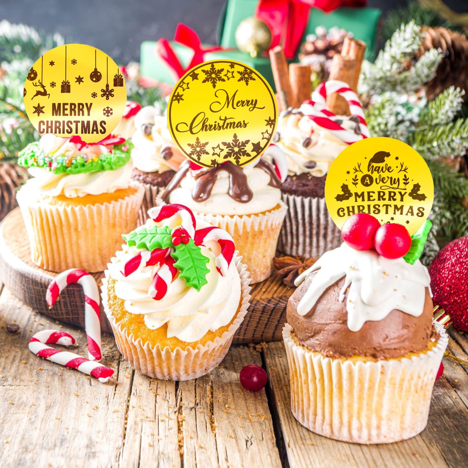 10 Pieces Merry Christmas Acrylic Cupcake Toppers Snowflake Shapes Round Mirror Engraved Cake Topper Cupcake Decorations For Christmas Party (Gold)