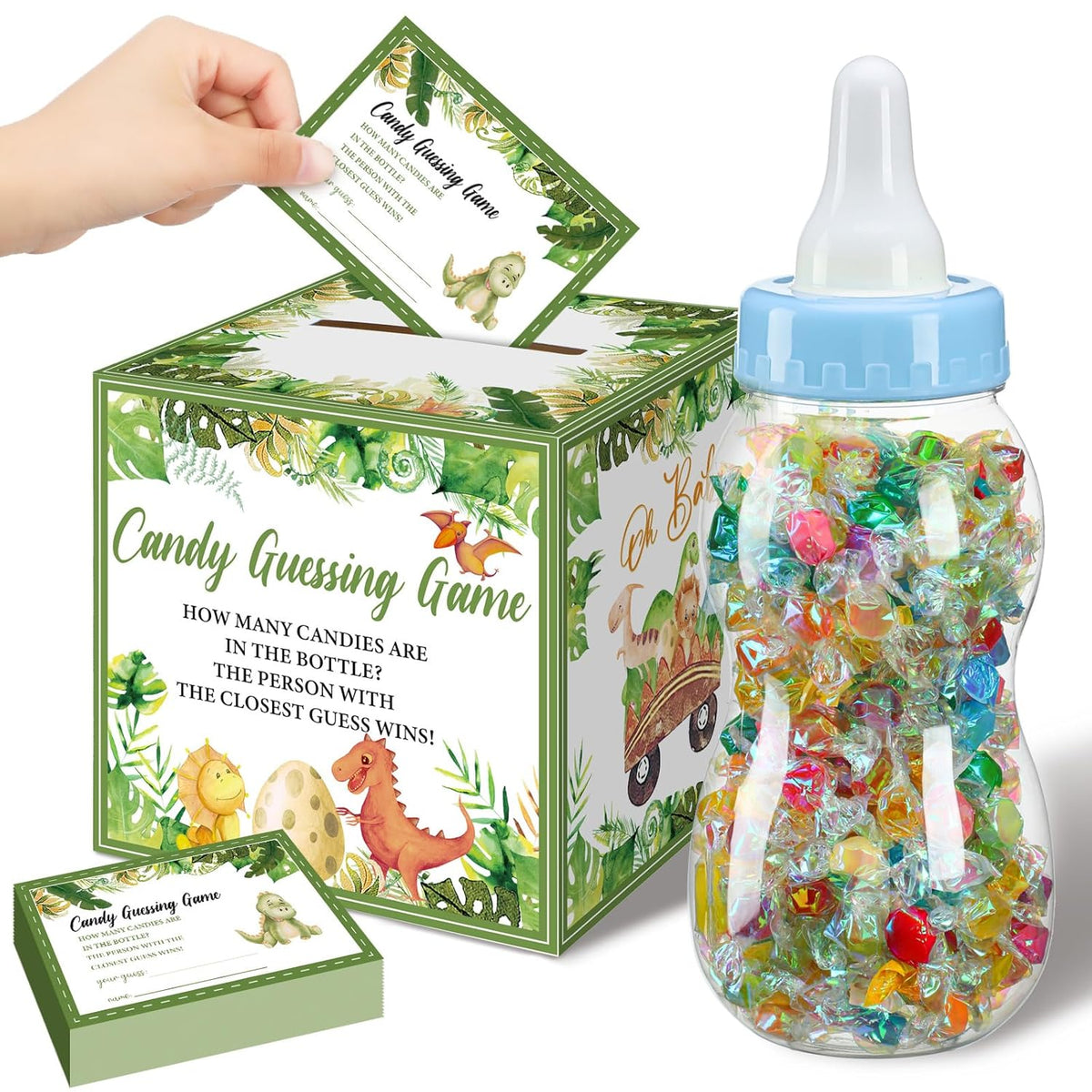 52 Pcs Baby Shower Games Gift Sets Large Baby Bottle For Shower Game Guess How Many Candies Baby Shower Decorations For Baby Shower Favors Games Gender Reveal(Dinosaur Style)