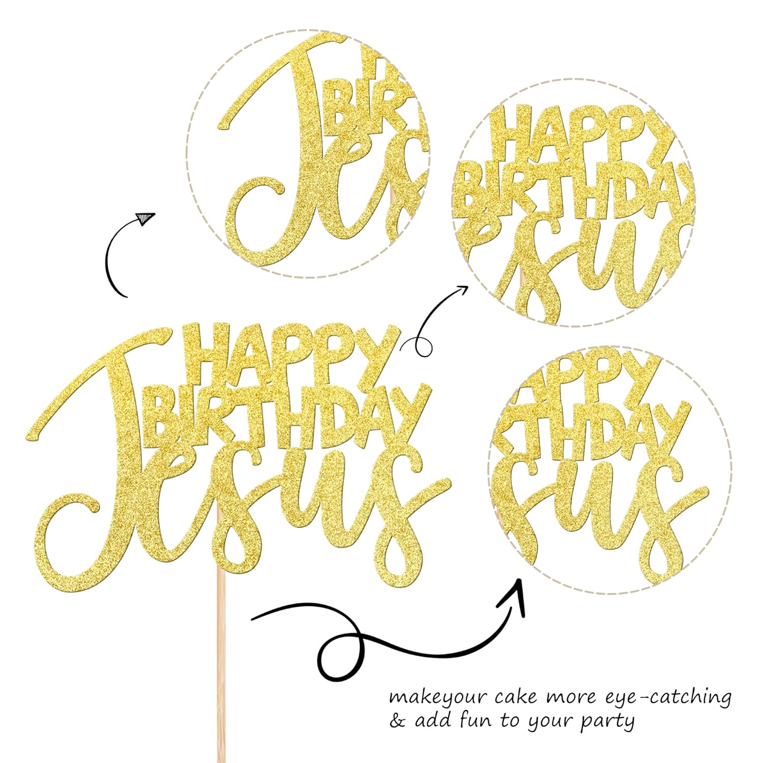 1 Pcs Happy Birthday Jesus Cake Topper Assembled Glitter Jesus Birthday Cake Pick Merry Christmas Cake Decorations For Nativity Scene Christmas Birthday Party Supplies Gold
