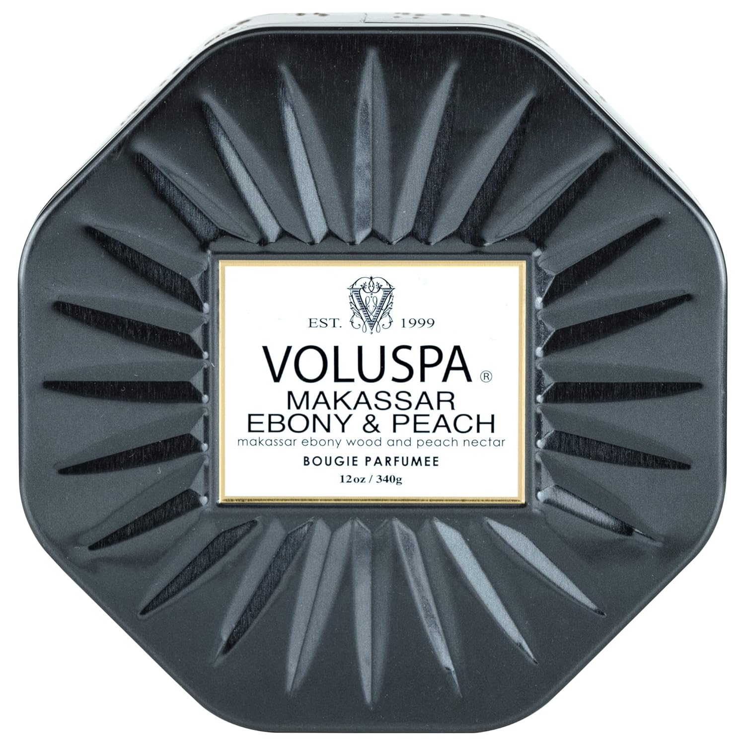 Voluspa Makassar Ebony & Peach Candle | 3 Wick Tin |Coconut Wax for Clean Burning | 12 Oz.