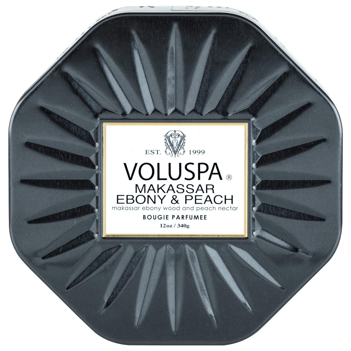 Voluspa Makassar Ebony & Peach Candle | 3 Wick Tin |Coconut Wax for Clean Burning | 12 Oz.