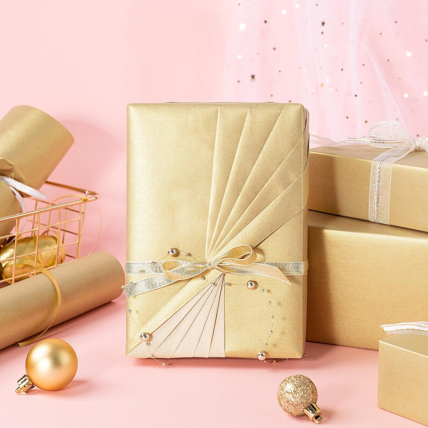 Gold Matte Wrapping Paper, Jumbo Roll, Mint Green Solid Color Pearly-Luster Paper Perfect For Wedding, Birthday, Valentine'S Day, Christmas, Baby Shower, Diy Bouquet, 30 Inches X 32.8 Feet