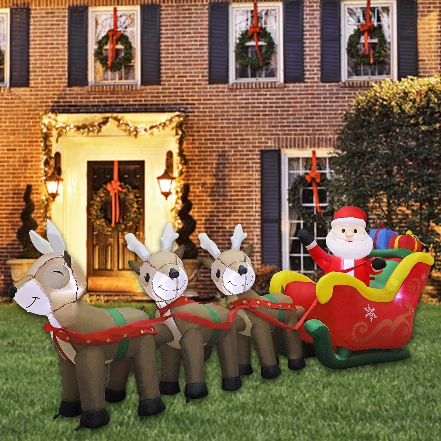 9.5 Ft Christmas Inflatable Santa Claus On Sleigh Pulled By Three Reindeers With Gift Boxes, Blow Up Lighted Yard Decor