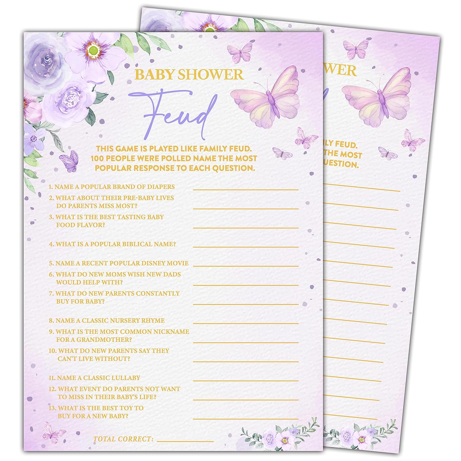 Butterfly Kisses 30 Baby Shower Feud Game Cards With 1 Answer Card, Gender Reveal Party Supplies Favors (5"X7") - B07