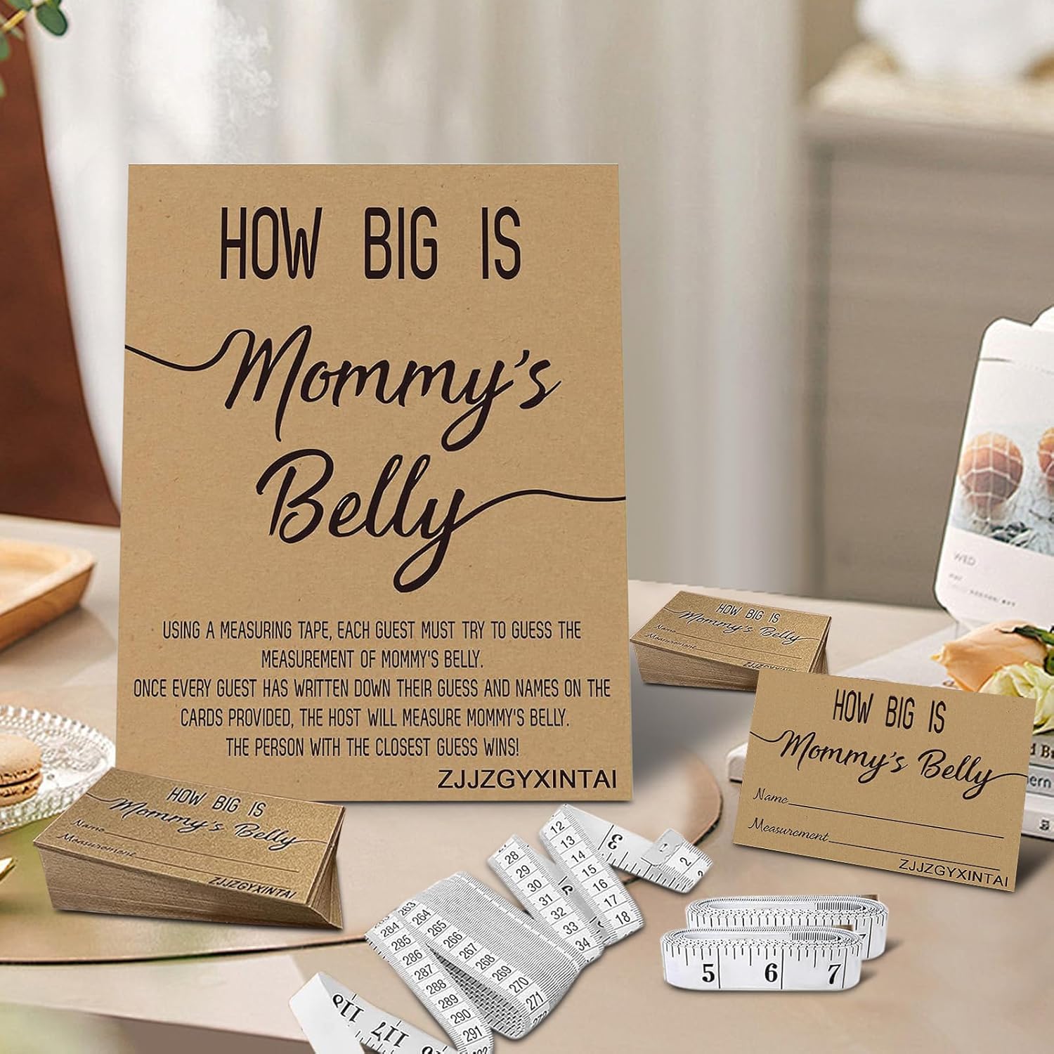 How Big Is Mommy'S Belly Rustic Baby Shower Gender Neutral Game Includes 8X10 Inch Kraft Standing Sign And 50 Guessing Cards, 3 Rolls 10 Feet Measuring Tape
