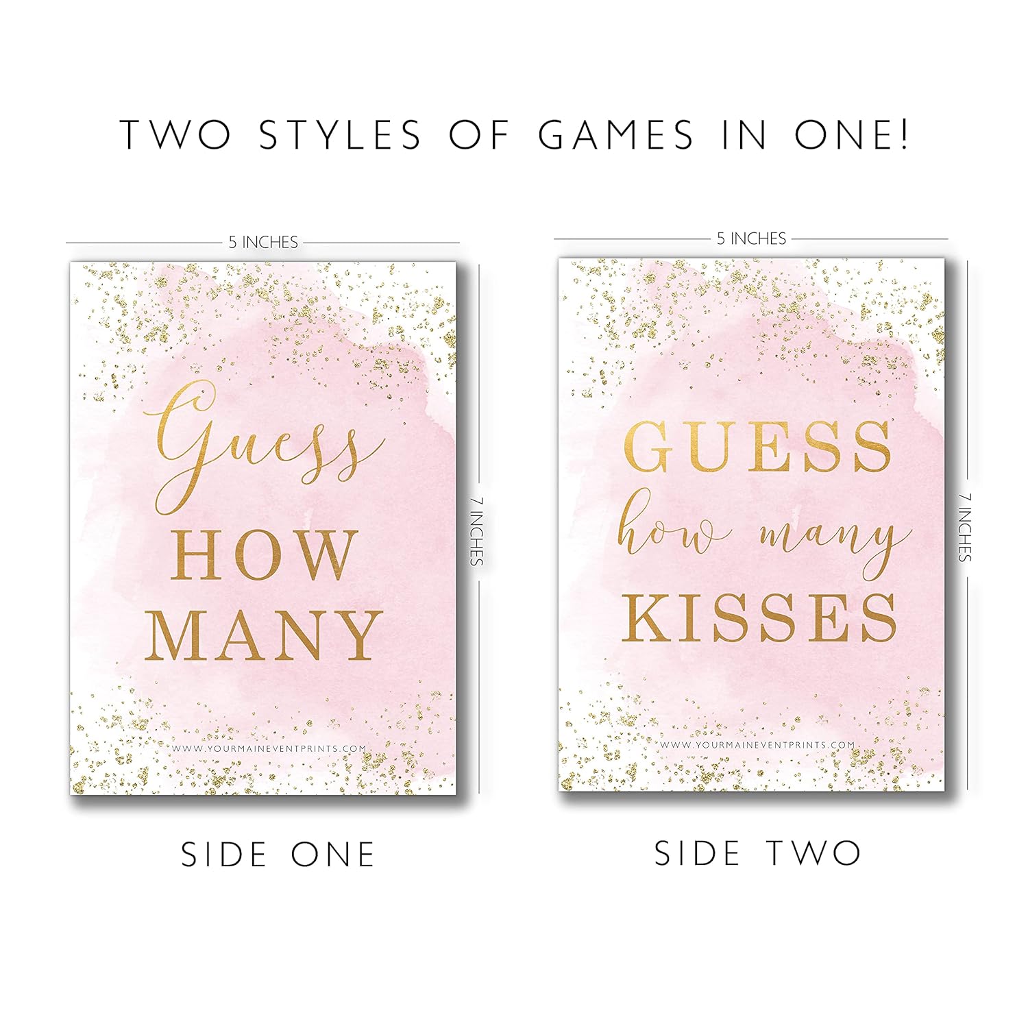 Pink And Gold How Many Kisses Game Sign - Guess How Many - Perfect For Bridal Showers And Weddings - 1 Self-Standing Sign And 50 Guessing Cards