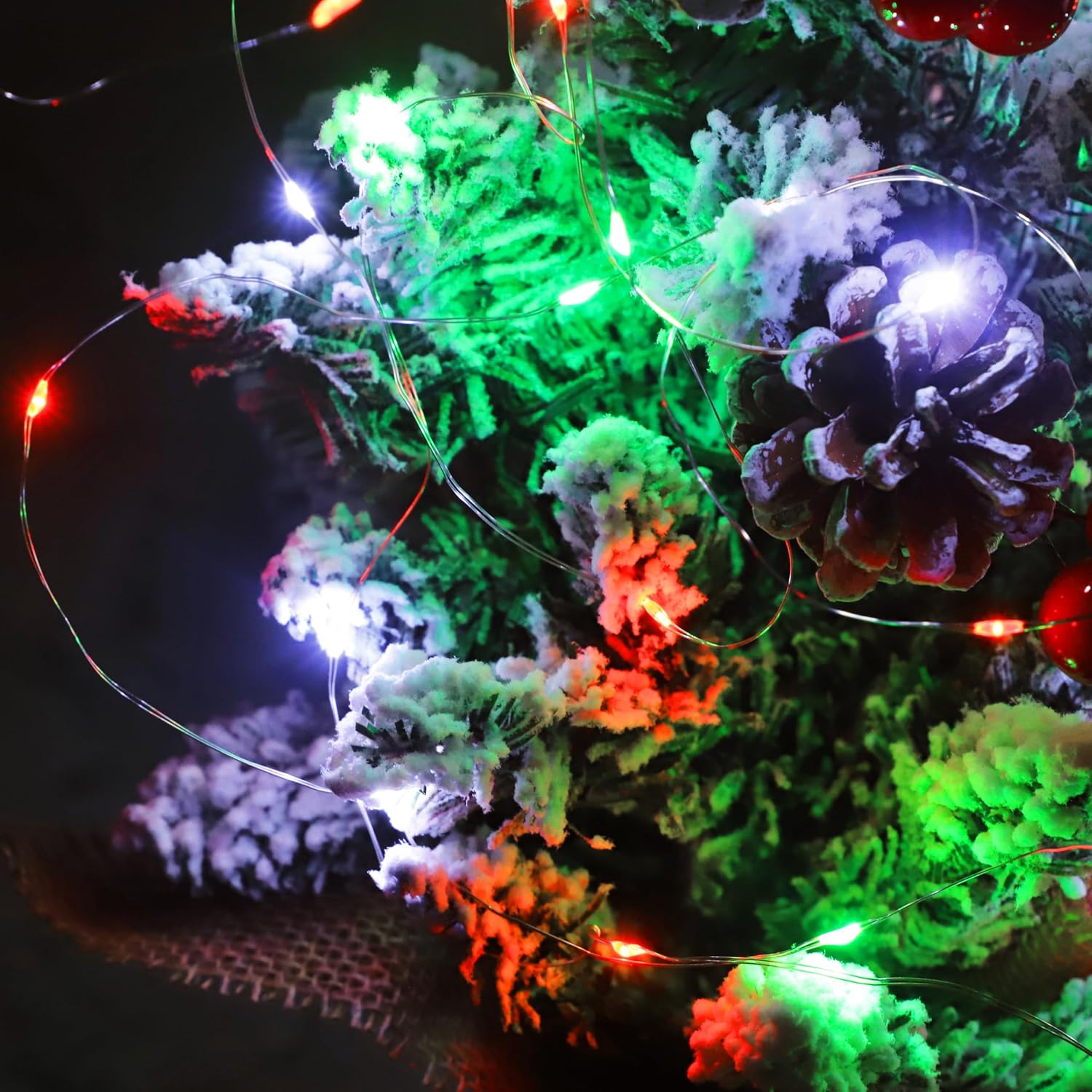 Christmas String Lights Red Green White Copper Wire, 2 Pack Total 200Led Fairy Lights Waterproof Twinkle Lights For Xmas