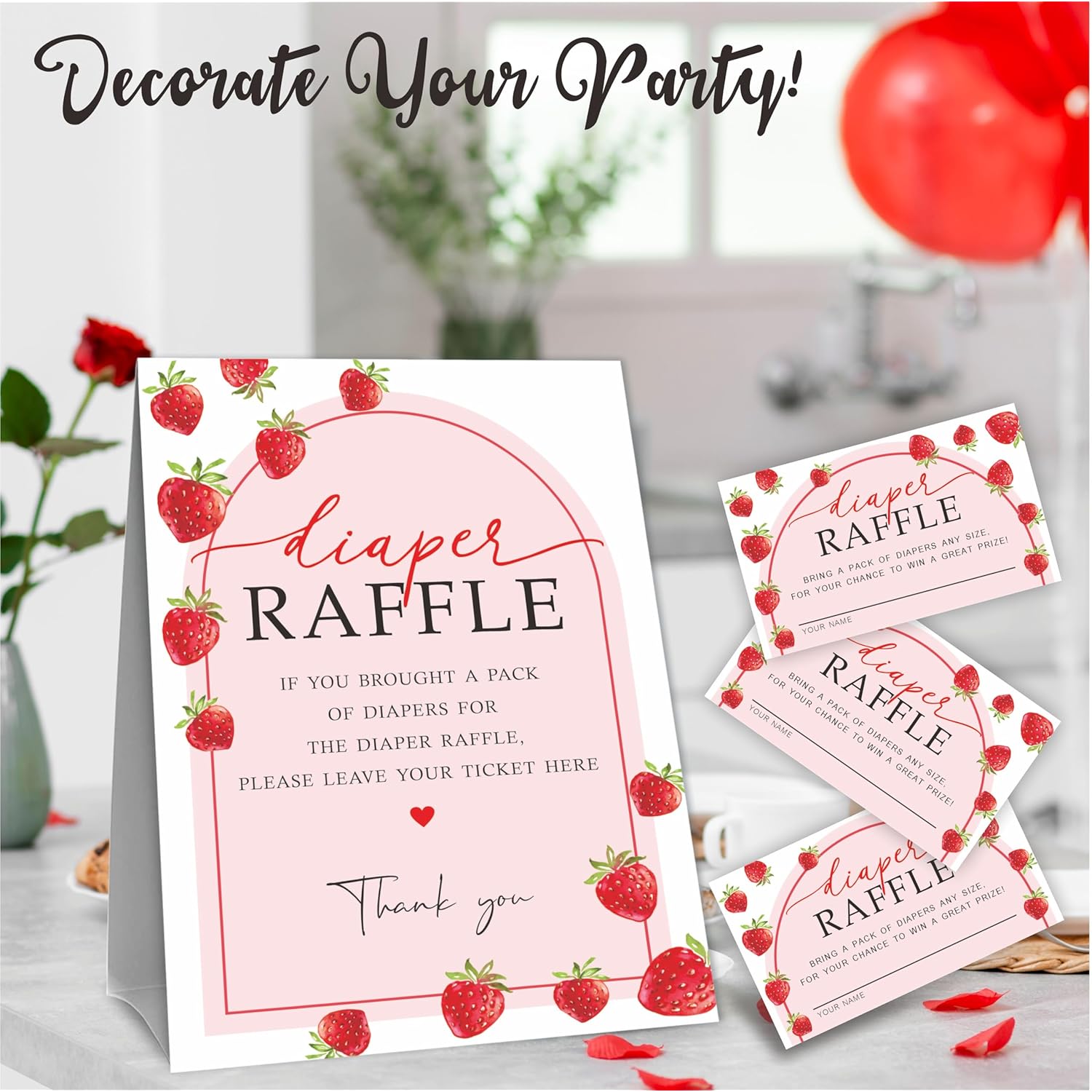 B10 Strawberry Arch Diaper Raffle Game Kit, 50 Tickets & Standing Sign, Decoration For Baby Shower, Gender Reveal, Baby Announcement, Party Favor & Decorations
