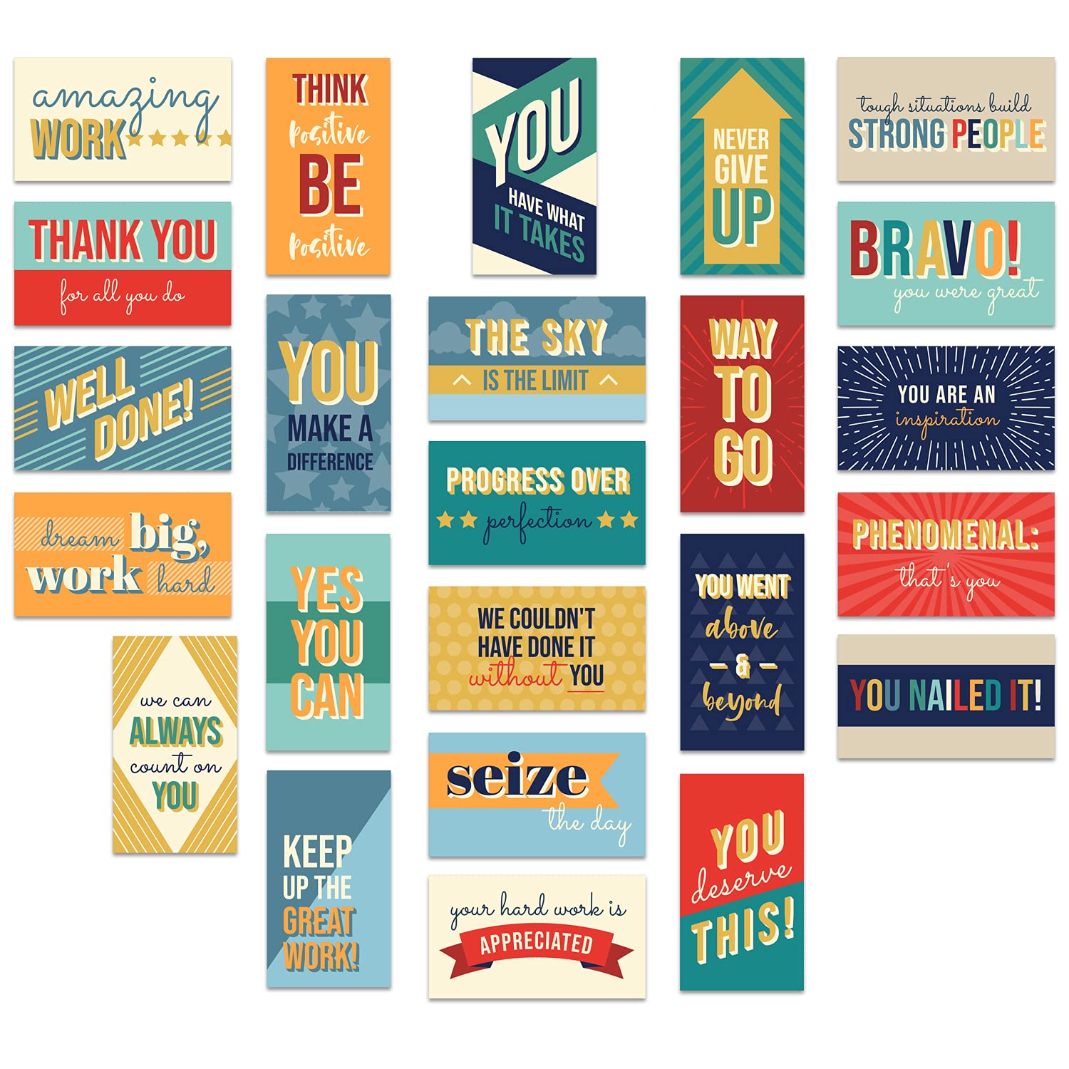 Colorful Gratitude Encouragement Cards / 50 Motivational Kindness Cards / 25 Inspirational Quote Designs/Flat 2" X 3.5" Employees Students Coworkers Uplifting Mini Card