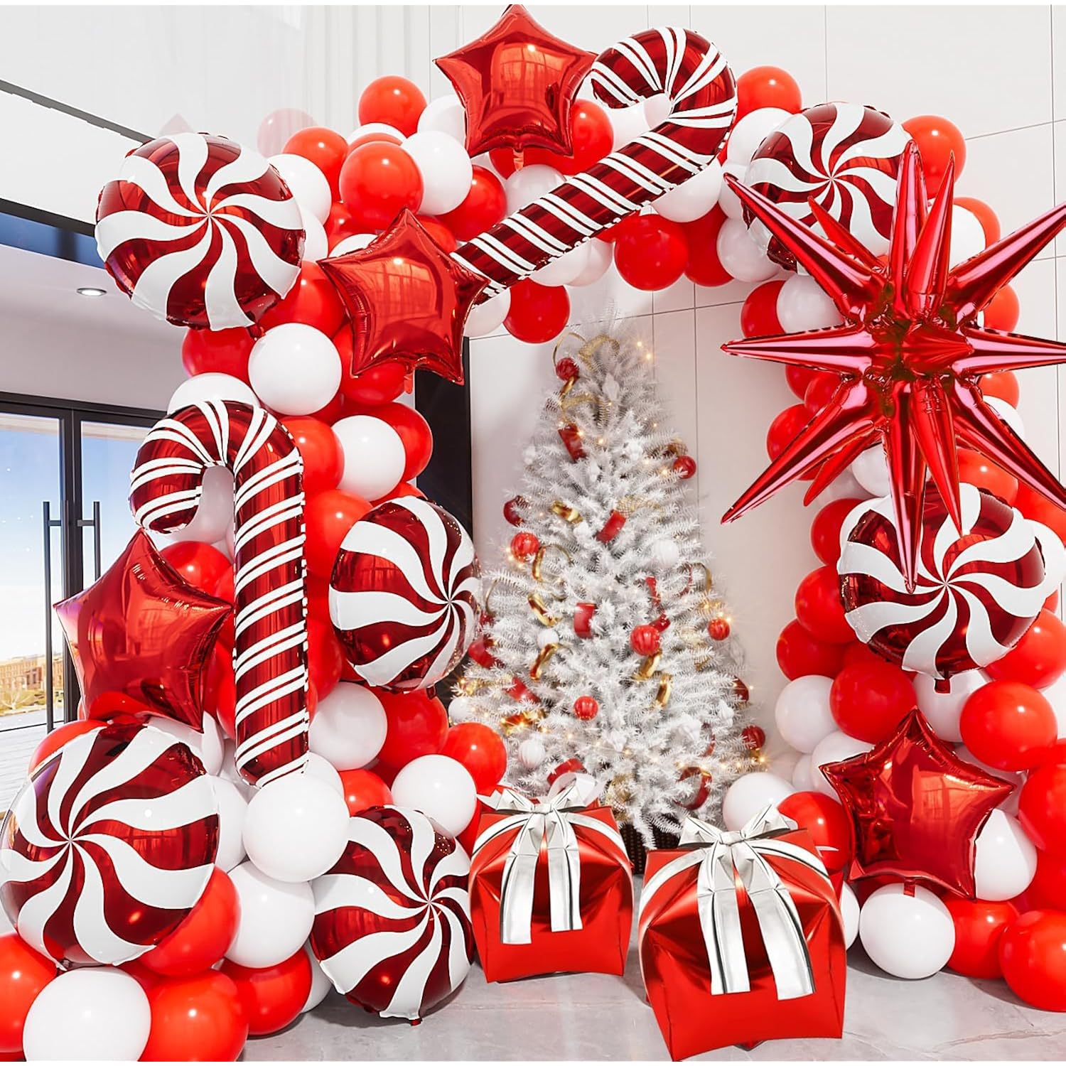 149 Pcs Christmas Balloon Garland Arch Kit, Red White Balloon Candy Cane Balloons Gift Box Balloons For Christmas Party Decorations