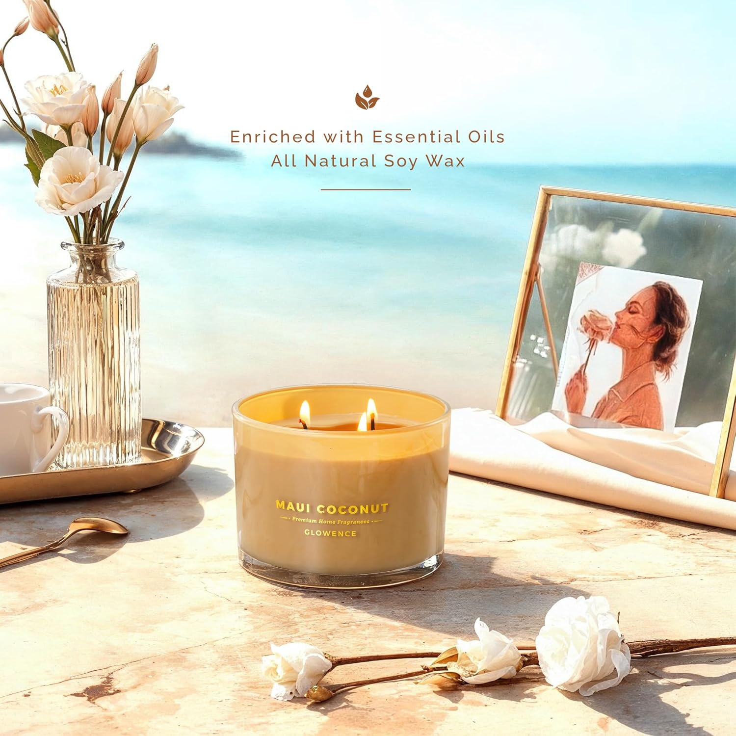 Luxury Coconut Scented Candle - Large 3 Wick Jar Candle - Elegant Gift For Women & Men - 100% Natural Soy Wax - Up To 40 Hours Burning Time - Housewarming Aromatherapy Candle For Home