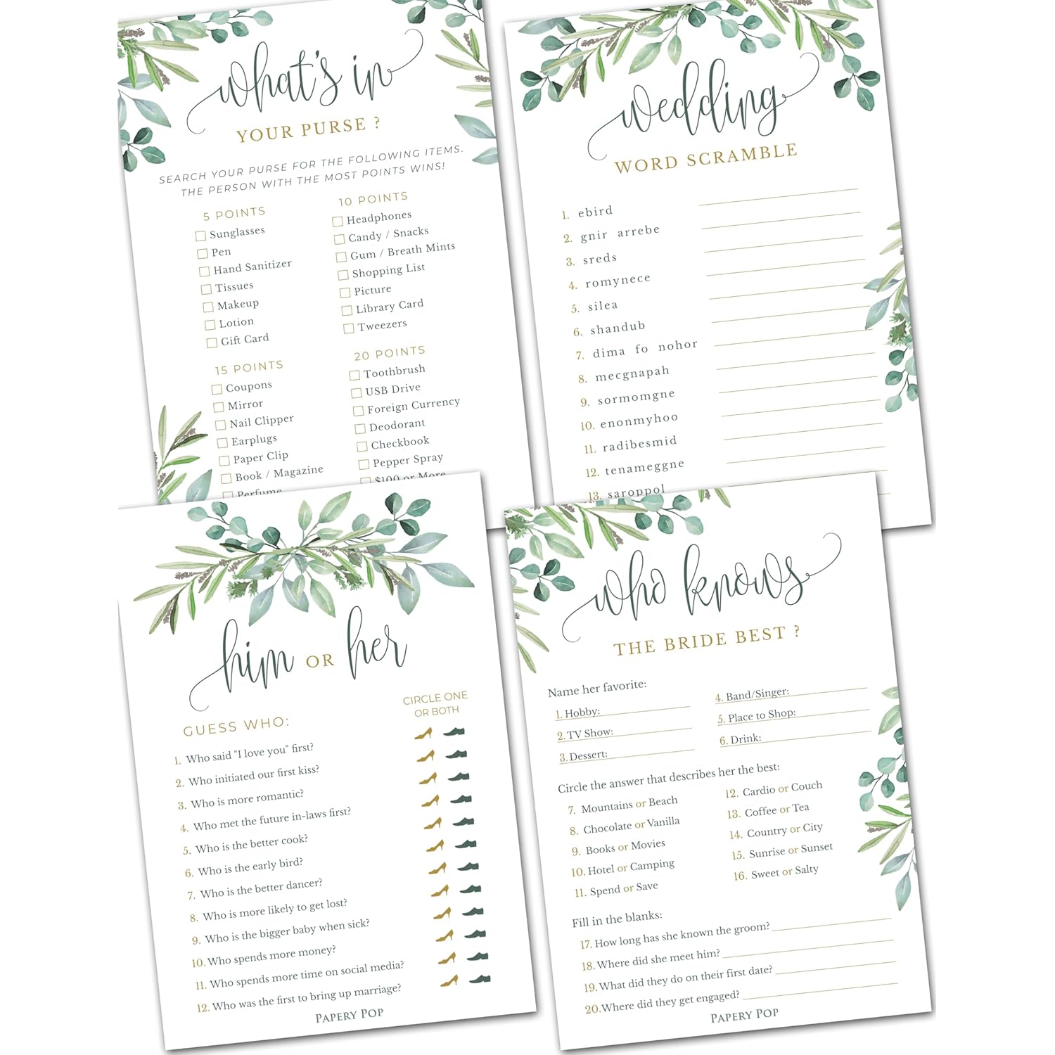 Bridal Shower Games - Wedding Shower Games - 4 Games For 25 Guests - Double Sided Cards - Eucalyptus