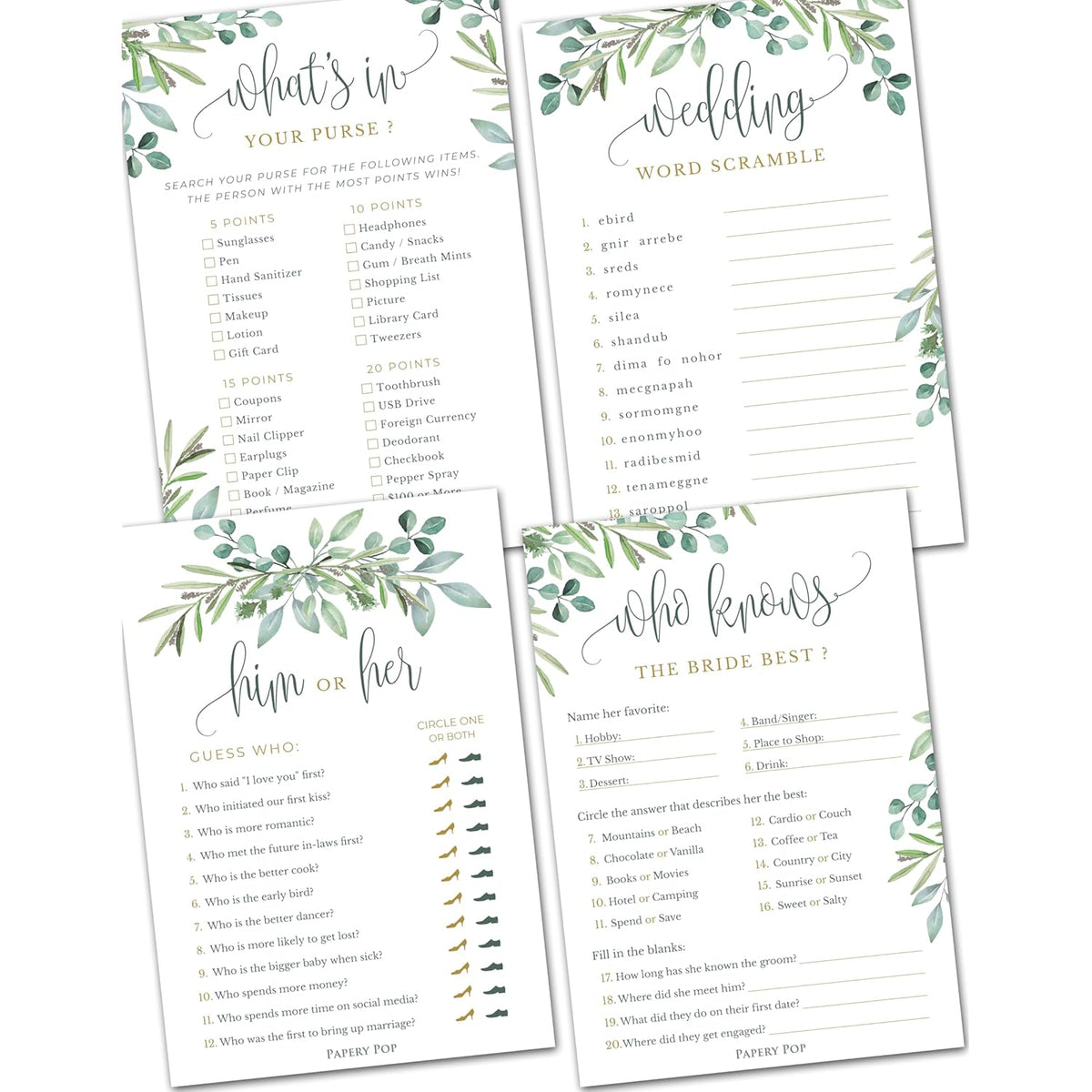 Bridal Shower Games - Wedding Shower Games - 4 Games For 25 Guests - Double Sided Cards - Eucalyptus