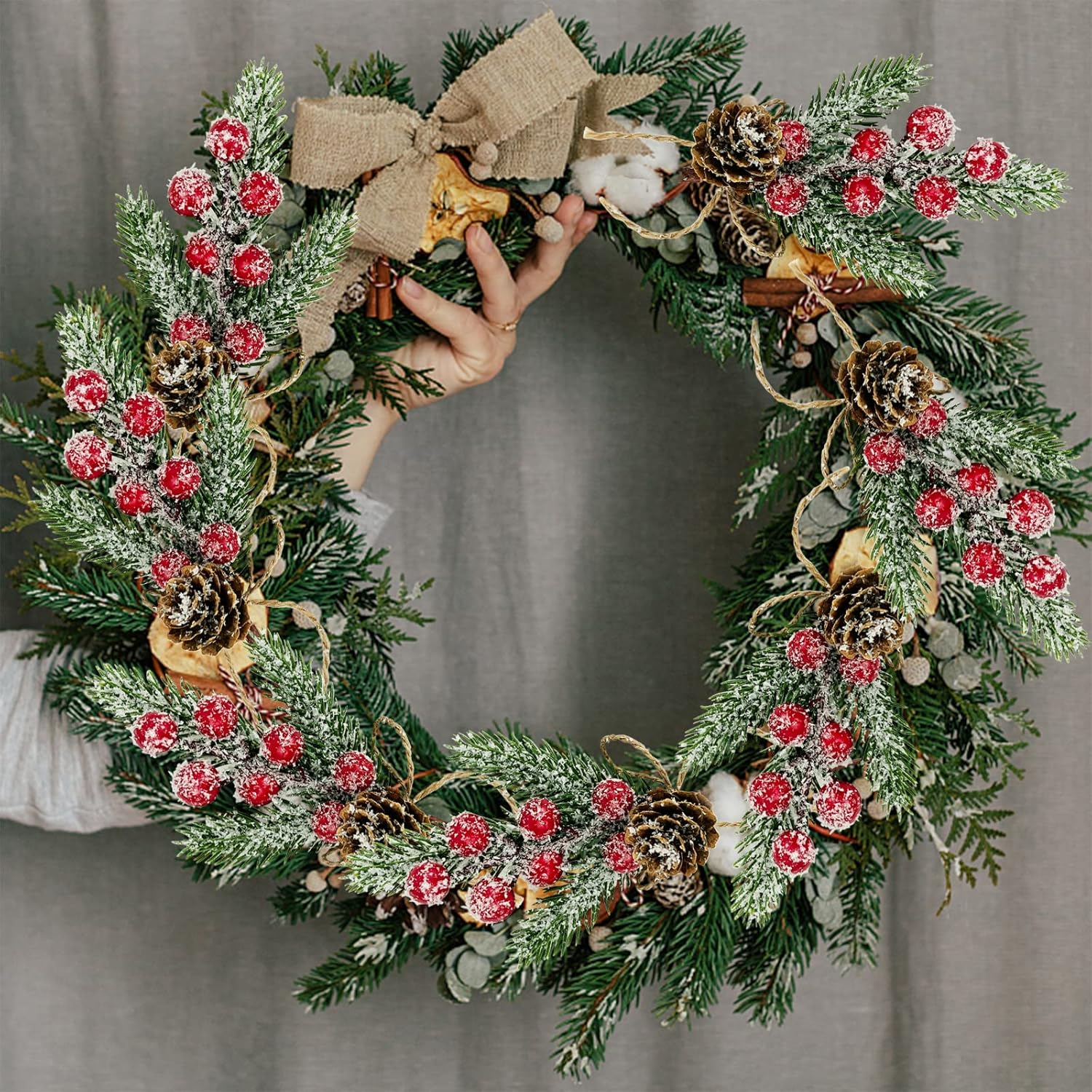 Red Berry Stems Floral Pine Cones Branches 10Pcs Christmas Artificial Evergreen Pine Branches Holiday Floral Picks Holly Stem Craft For Decoration Diy Christmas Xmas Garland Wreath Decoration