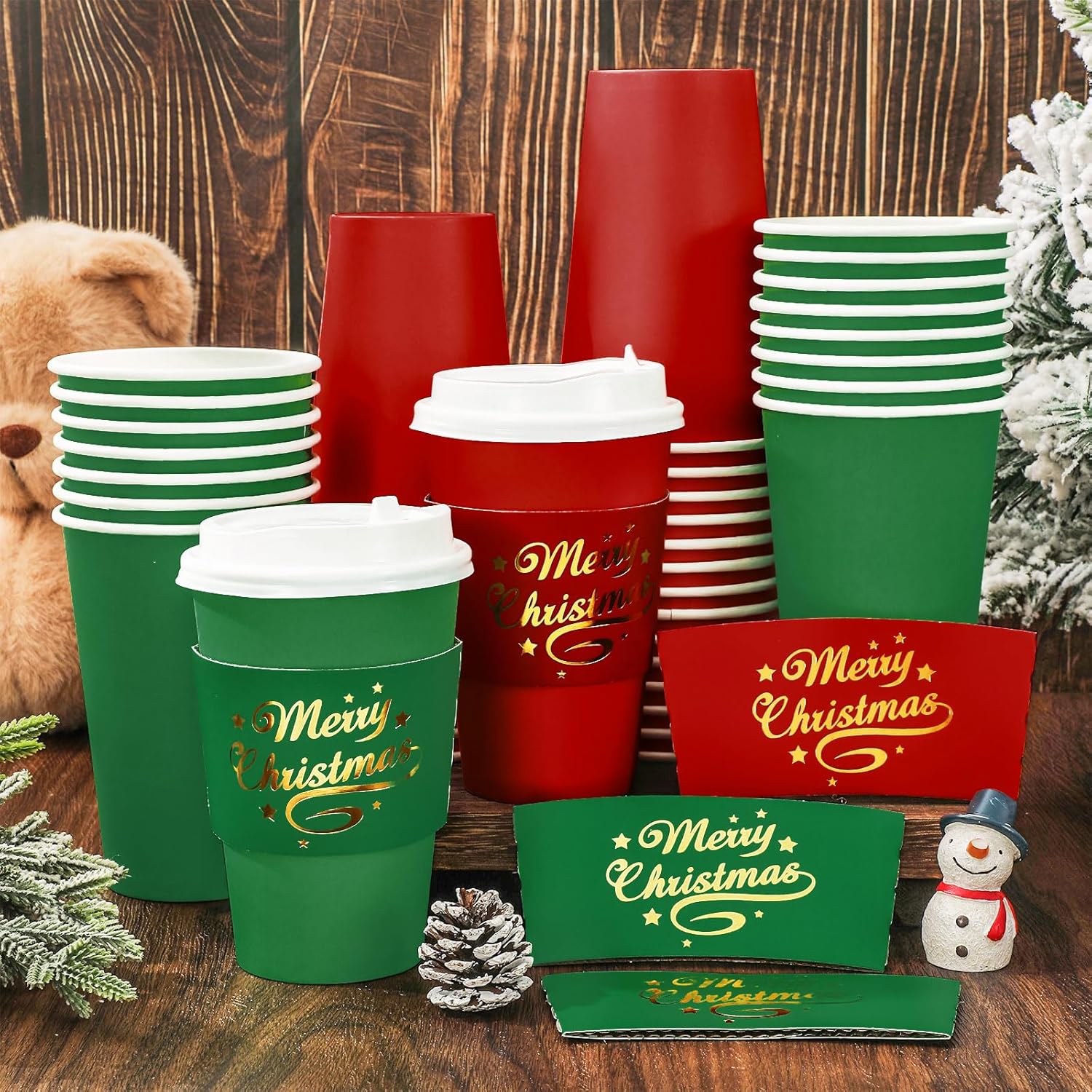 50 Set Christmas Disposable Coffee Cups With Lids And Sleeves Red Green Gold Merry Christmas Paper Drinking Cups For Xmas Party Supplies