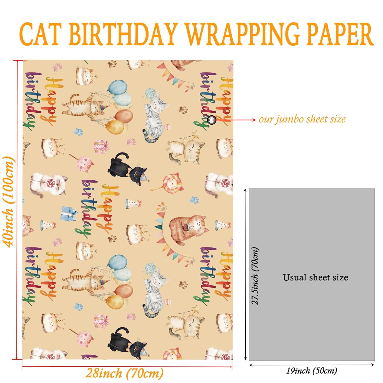 Cat Birthday Wrapping Paper For Kids Adults - Funny Watercolor Gift Wrap With Cute Cat Happy Birthday Balloons Cake Candy And Paw For B-Day, Baby Shower - 28X40 Inches, 4 Sheets