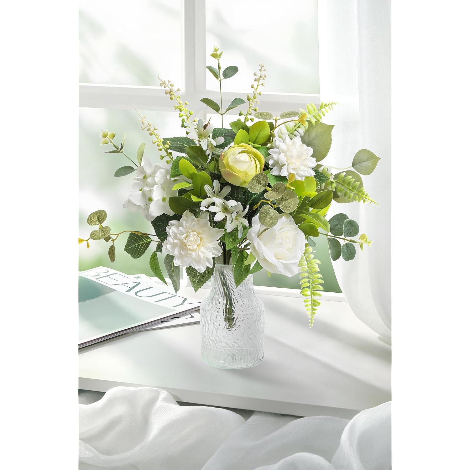 Fake Flowers With Vase,Artificial Silk Roses In Vase,Table Centerpieces For Dining Room, Silk Faux Flower Arrangements For Home, Living Room Bathroom Plant Decor,Table Decorations