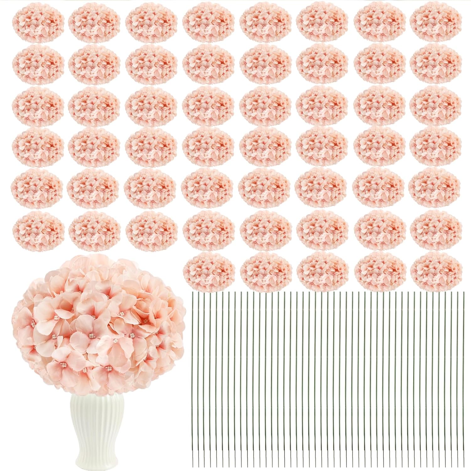 Hydrangea Artificial Flower 104 Pcs Silk Flower Heads With Stems, Blush Full Flowers Heads For Home Weddings Centerpieces Valentine'S Day Party Decor (Light Pink)