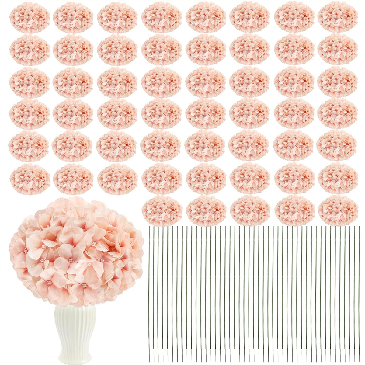 Hydrangea Artificial Flower 104 Pcs Silk Flower Heads With Stems, Blush Full Flowers Heads For Home Weddings Centerpieces Valentine'S Day Party Decor (Light Pink)