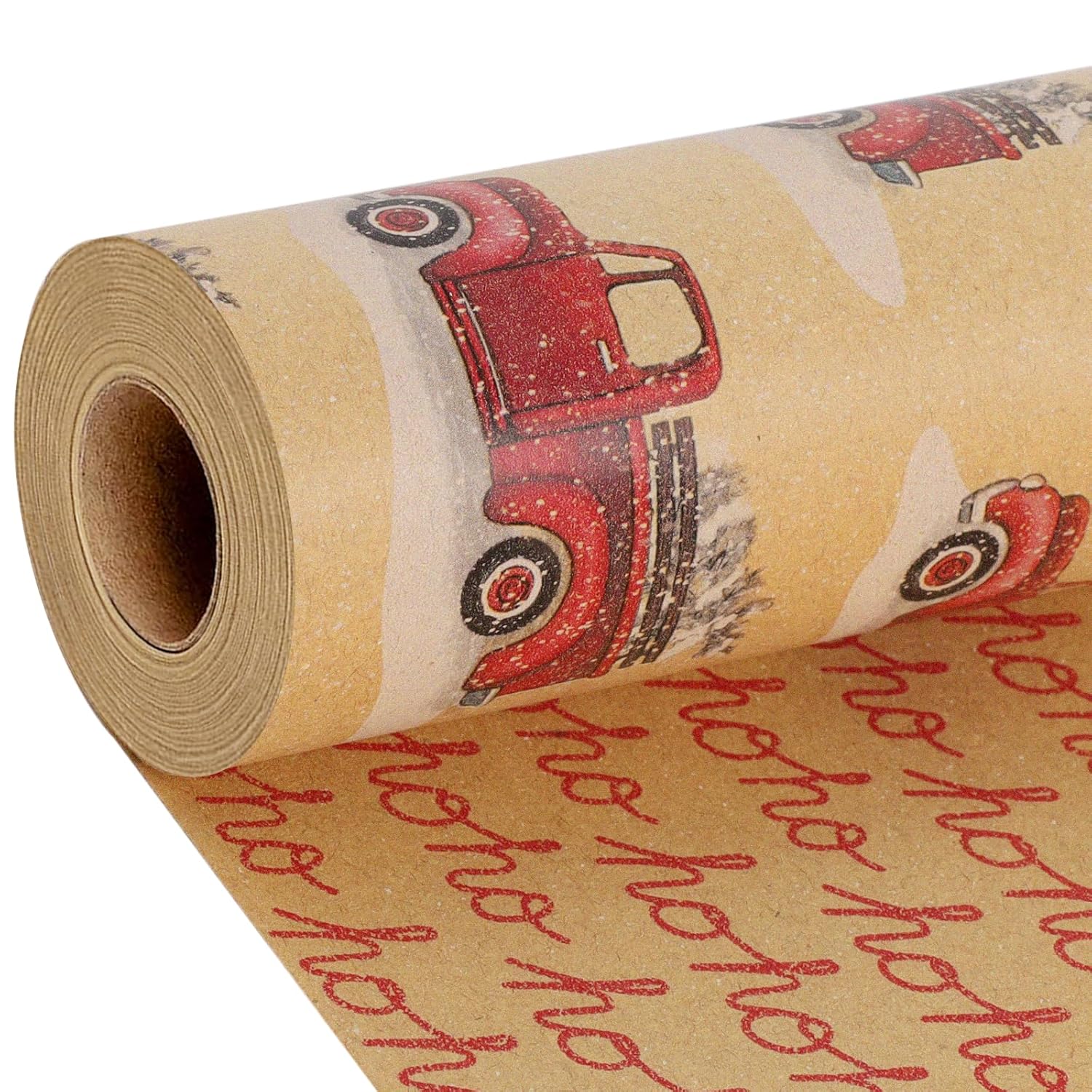 Reversible Kraft Vintage Christmas Wrapping Paper, Classic Truck & Hohoho Text Design For Christmas, Party, Holiday, Celebration, 17 Inch X 33 Feet