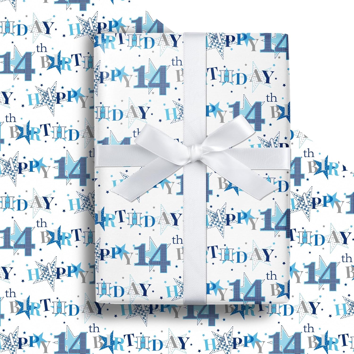 14Th Birthday Wrapping Paper Roll - Blue Happy 14Th Birthday With Heart Gift Wrap For For Age14 Teens, Kids, Boys - Mini Roll - 17 Inches X 16.4 Feet (23.2 Sq.Ft.)