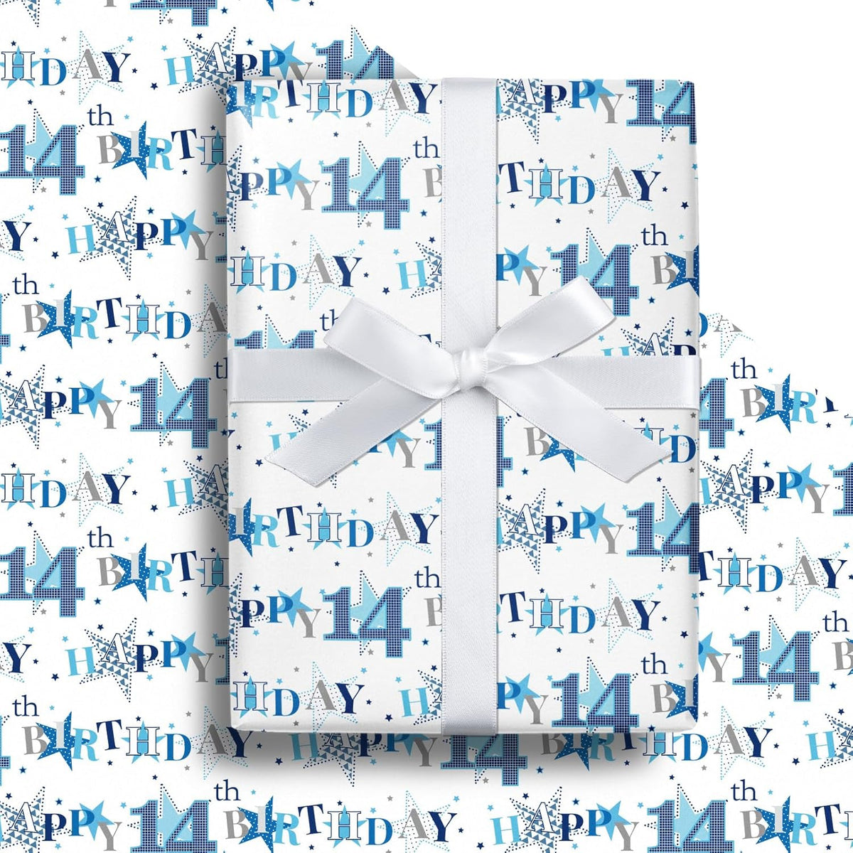 14Th Birthday Wrapping Paper Roll - Blue Happy 14Th Birthday With Heart Gift Wrap For For Age14 Teens, Kids, Boys - Mini Roll - 17 Inches X 16.4 Feet (23.2 Sq.Ft.)
