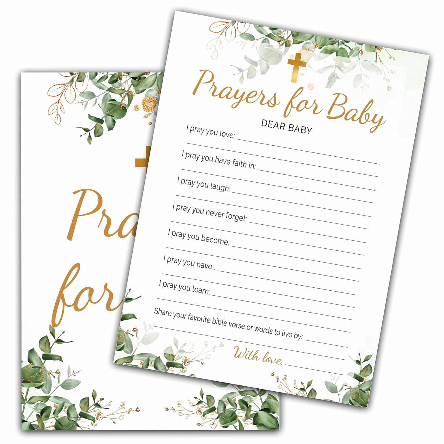 Eucalyptus Baptism Games, Prayers For Baby Game, Gold Foil Greenery Theme First Holy Communion Religious Party Games, Baby Shower Party Activities & Gender Reveal Party Decorations -30 Game Cards(01)