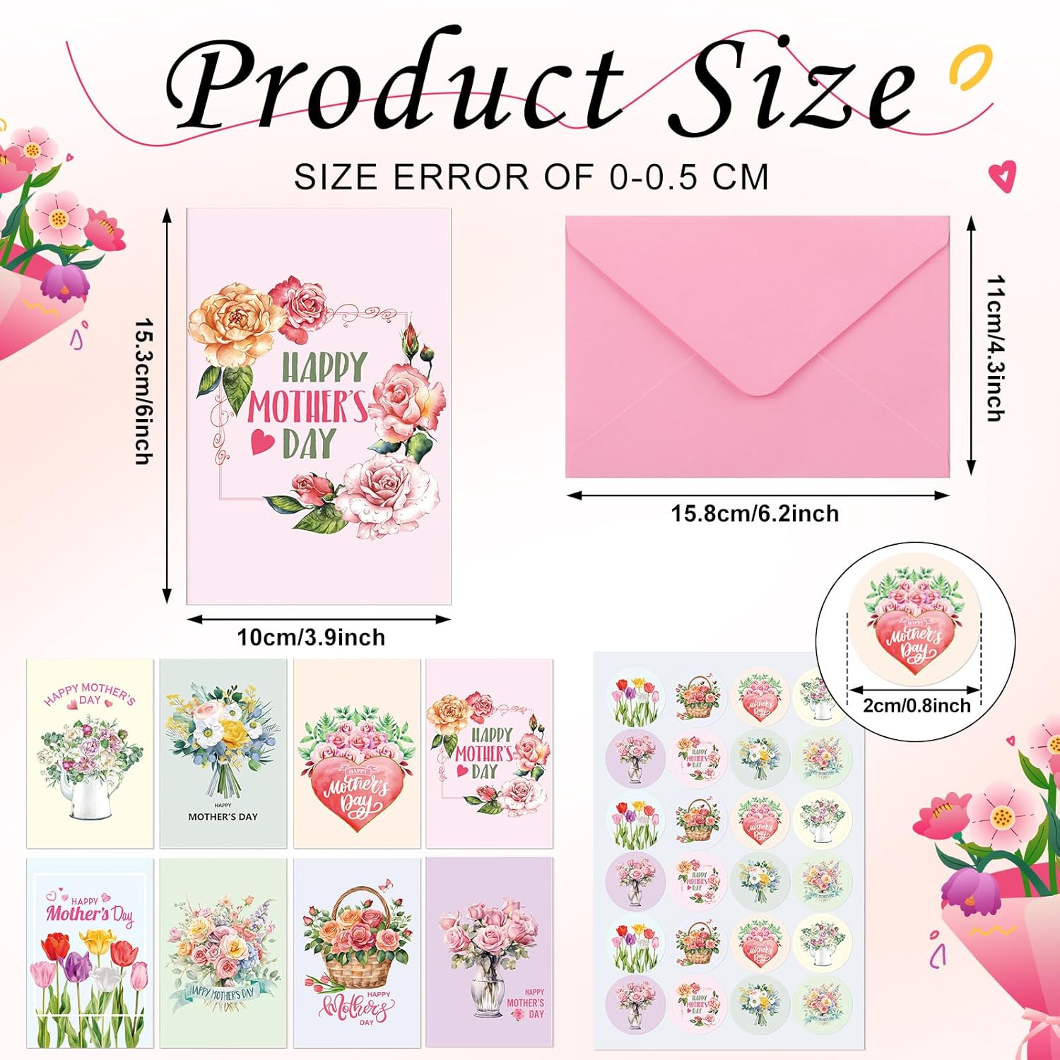 24 Sets Happy Mother'S Day Cards Floral Mom Greeting Card With Envelopes And Stickers Watercolor Heart Rose From Daughter For Party Gifts Supply