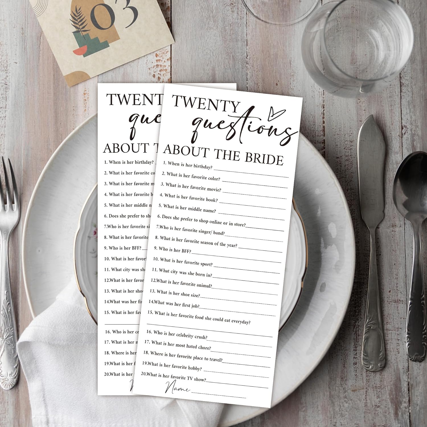 Minimalist White Wedding Shower Games Cards, Twenty Questions, Bridal Shower Games, Engagement Party Wedding Card For 25 Guests, Bridal Party Supplies 4X9Inch-A12