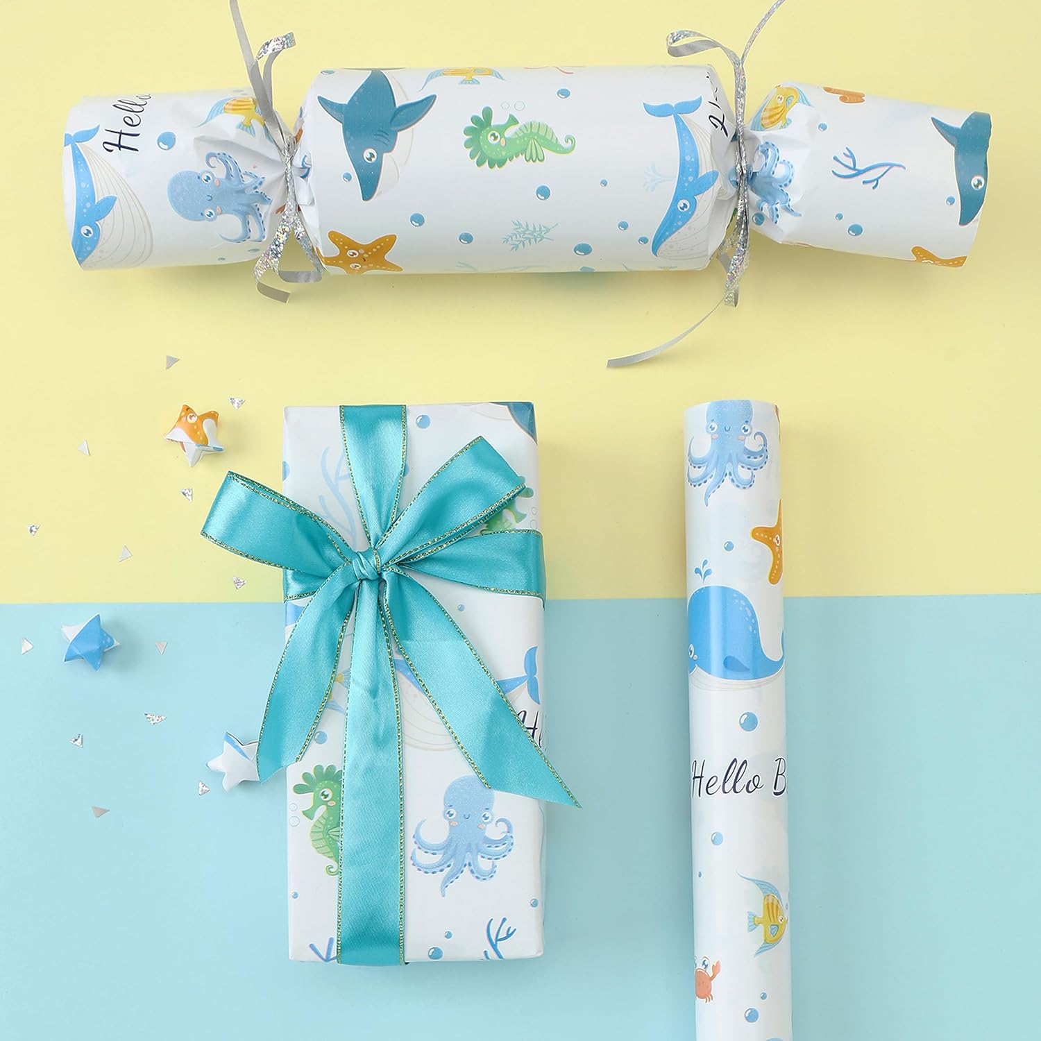 Blue Baby Wrapping Paper Roll-17 Inches X 32.8 Feet, Mini Roll, Sea Creatures Design Wrap Paper For Baby Shower, Boys' Birthday Party, Newborn, New Moms, Little One, 1St Baby, 1 Roll