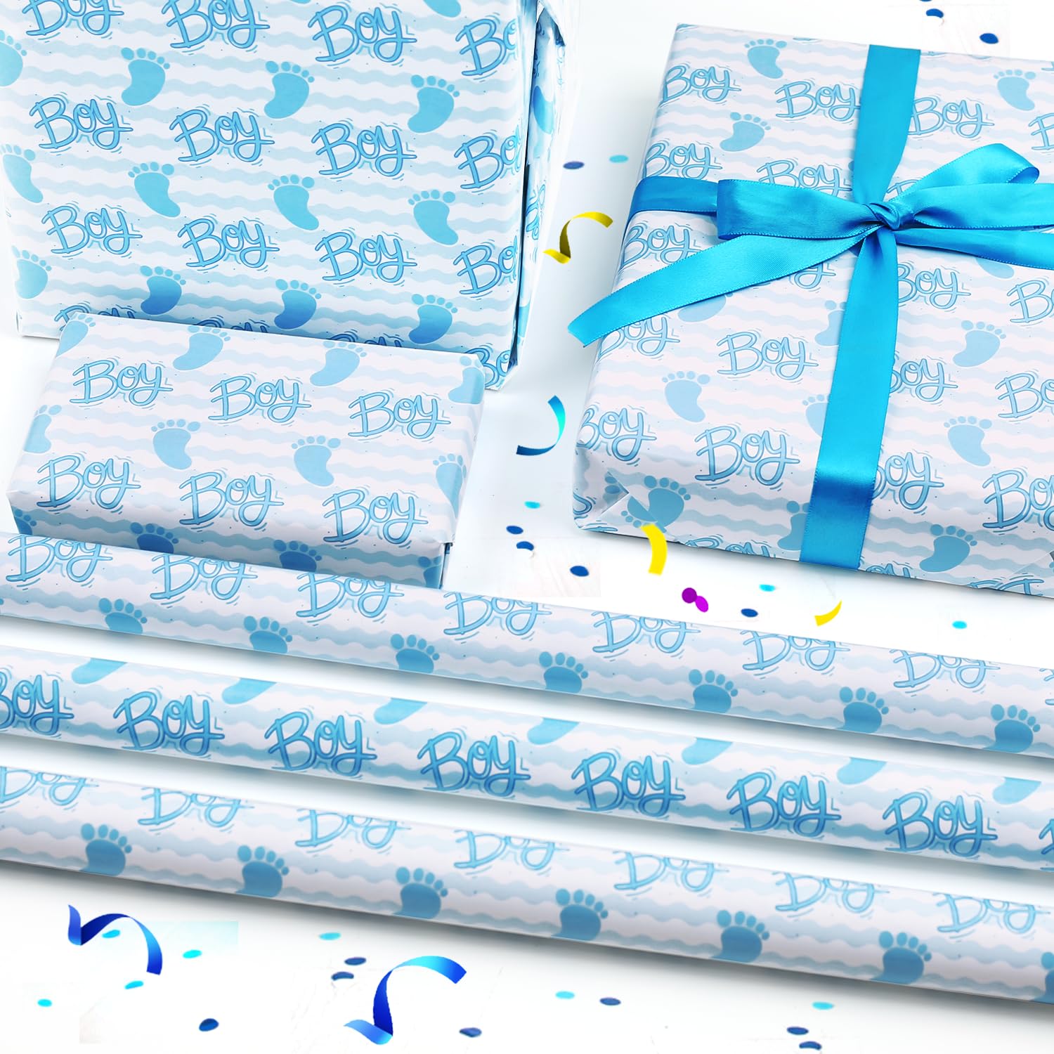 7 Sheet Baby Shower Wrapping Paper Boy,It'S A Boy Blue Footprints Boy Baby Shower Wrap Paper Folded Flat 20 X 28 Inches Per Sheet With Ribbon Set For Newborn Infant Kids Birthday Holiday Celebration Party Gift Wrap