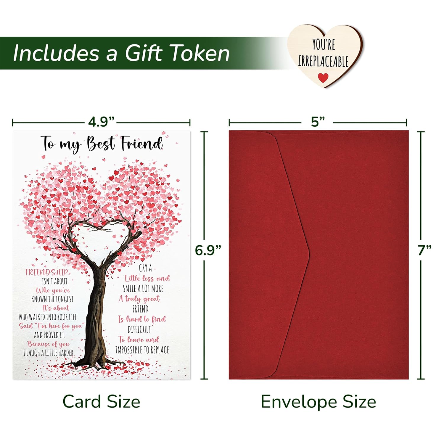 Friends Gift Cards - Christmas, Birthday Gift Cards For Women, Friendship Gifts For Friend, Bestie Gifts For Women - 4.9"X6.9" Greeting Card With Pocket Hug Token, Envelope