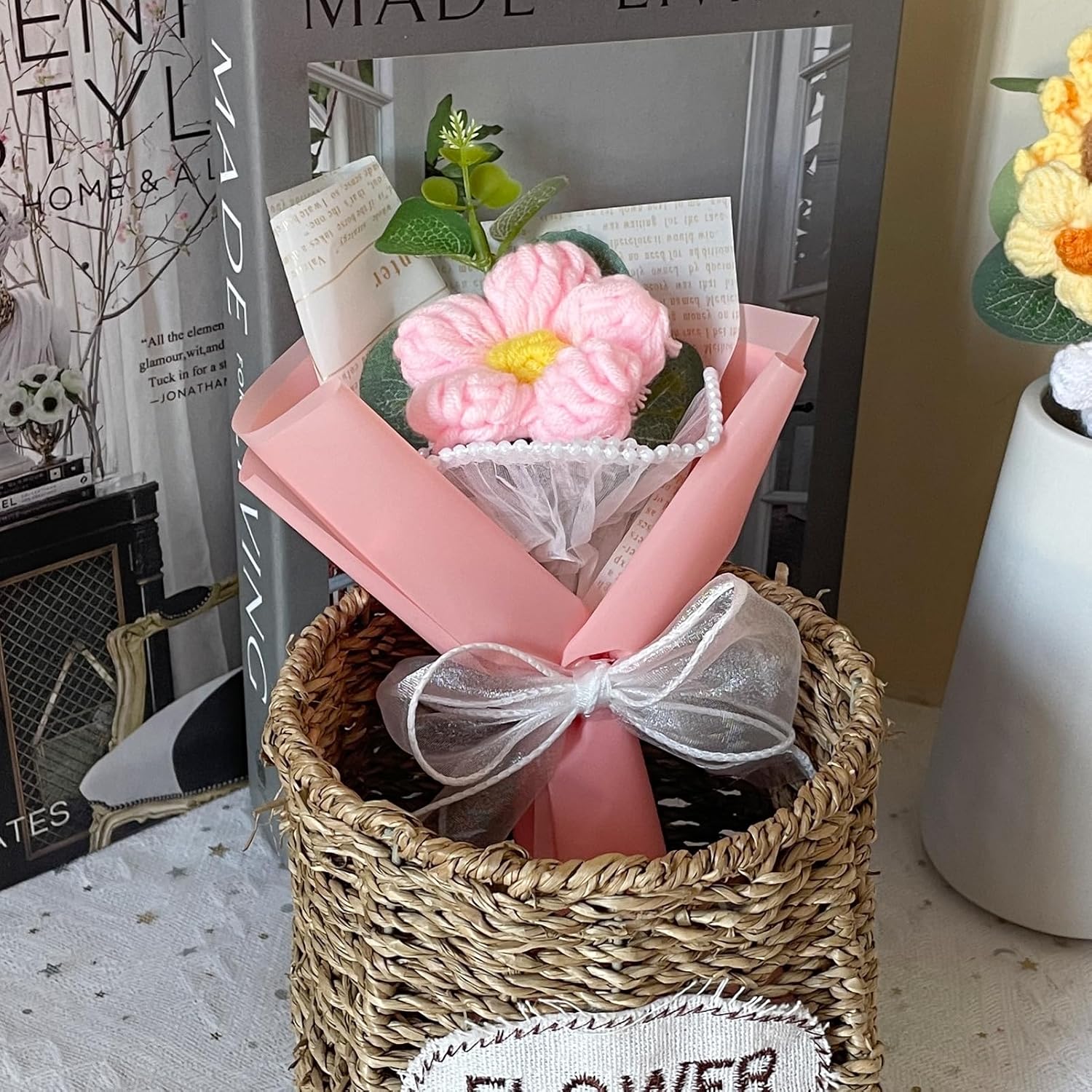 Crochet Flower Bouquet Handmade Knitted Bouquet Crochet Flowers Kit Knitted Fake Puff Flower, Gift For Mother Wife On Birthday Anniversary (Pink)