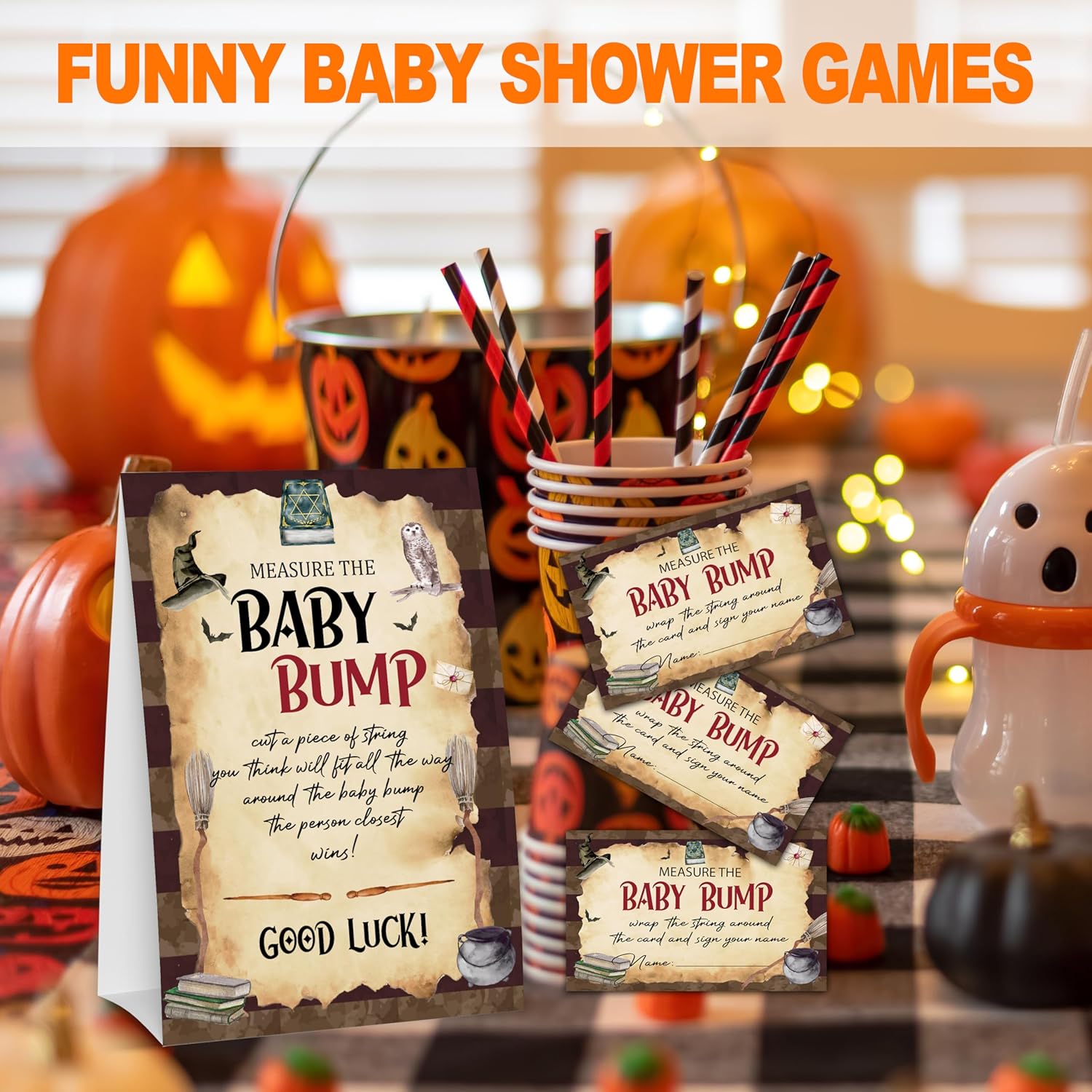 Baby Shower Game Card Set, Measure The Baby Bump Baby Shower Game, Halloween 1 Sign And 50 Cards, Minimalist Boy Girl Gender Neutral Baby Shower Supplies-A03