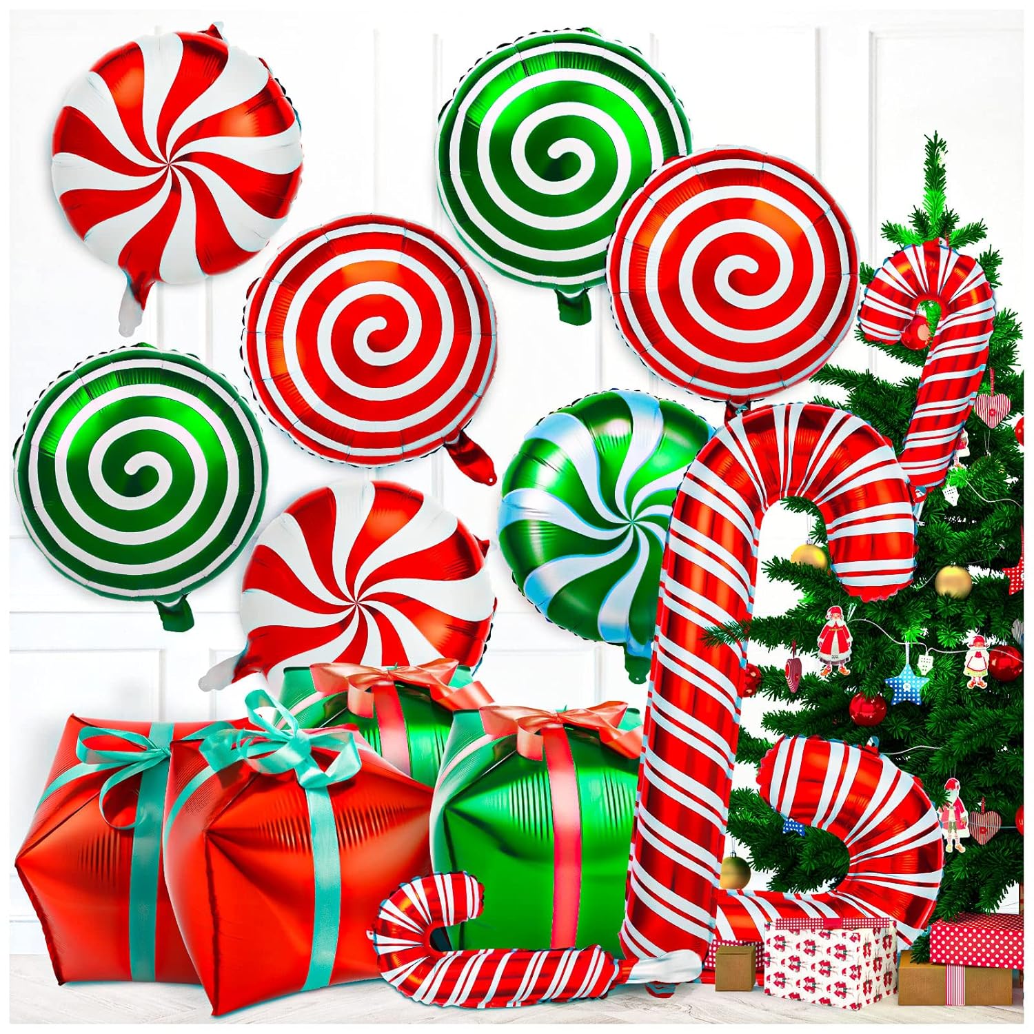 32Pcs Christmas Balloons Kit, Candy Cane Foil Balloons With Ribbons, Red Green Mylar Balloon For Party Decorations