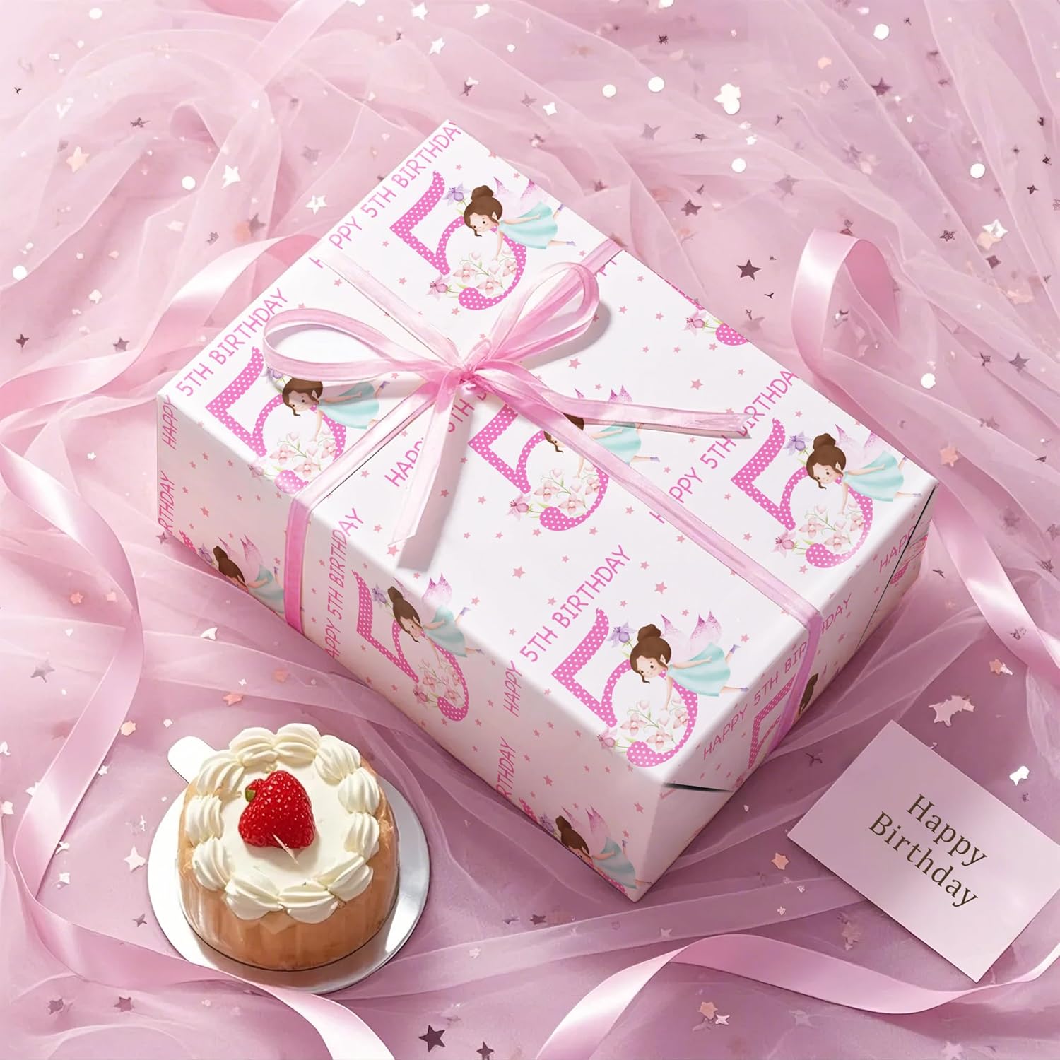 Girls 5Th Birthday Wrapping Paper Roll - Mini Roll - 17 Inch X 16.5 Feet - Girl Fairy Happy 5Th Birthday Wrapping Paper Perfect For Kids Girls, Baby Shower, Party