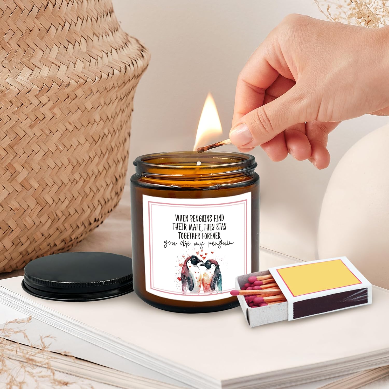 Penguin Anniversary Scented Candle, Anniversary Birthday Gifts For Women Men Wife, Valentines Penguin Couples For Girlfriend Boyfriend, Lavender,Vetiver,Sandalwood Scented 8Oz Holders Candles Jar