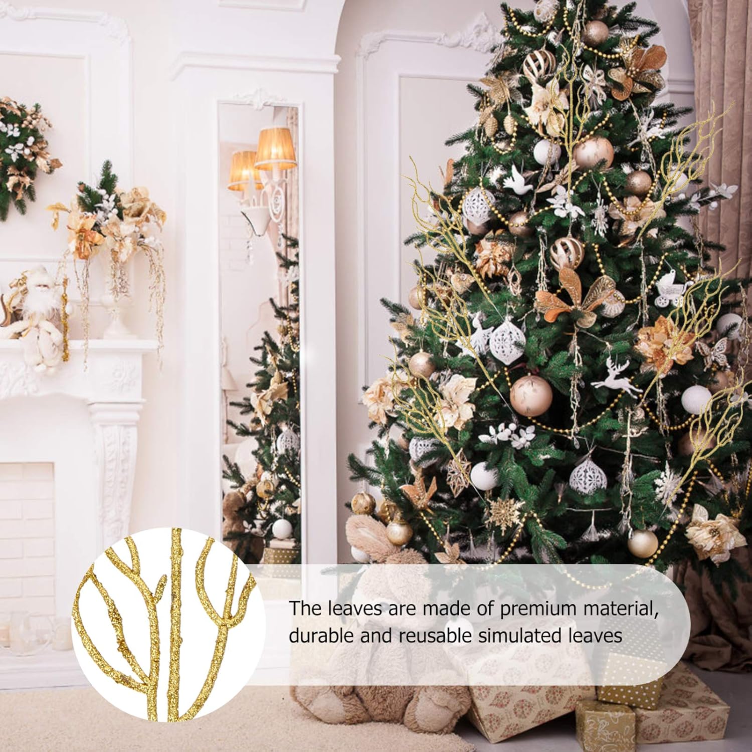 10Pcs Glitter Christmas Leaves Picks Artificial Leaf Spray Picks Christmas Tree Poinsettia Stems Branches Picks For Xmas Wreath Wedding Table Centerpiece Decorations Golden