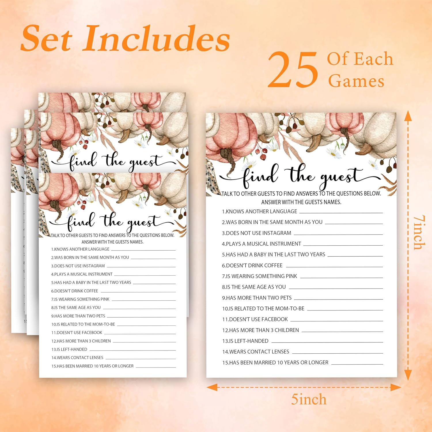 Baby Shower Game Cards, Fall Find The Guest Game Kit, Gender Reveal Party Supplies Favors, Pumpkins Baby Shower Activity Decorations, Baby Shower Gifts, 25 Game Cards Included -02