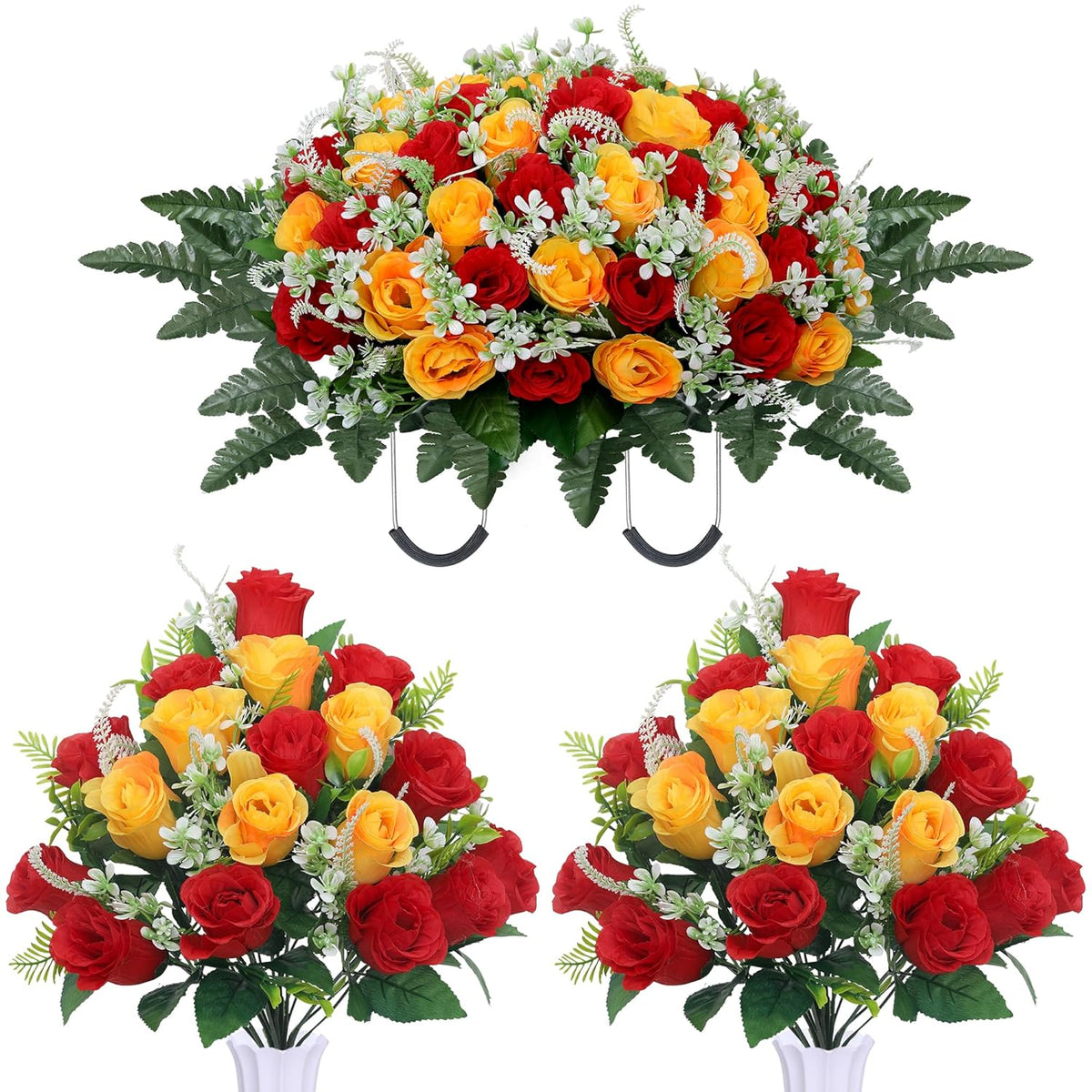 3Pcs Headstone Flowers Saddle For Tombstone,Cemetery Flower Memorial Bouquet With Vase,Rose Headstone Flowers Saddle (Red Yellow)
