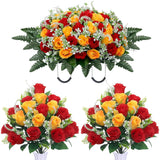 3Pcs Headstone Flowers Saddle For Tombstone,Cemetery Flower Memorial Bouquet With Vase,Rose Headstone Flowers Saddle (Red Yellow)