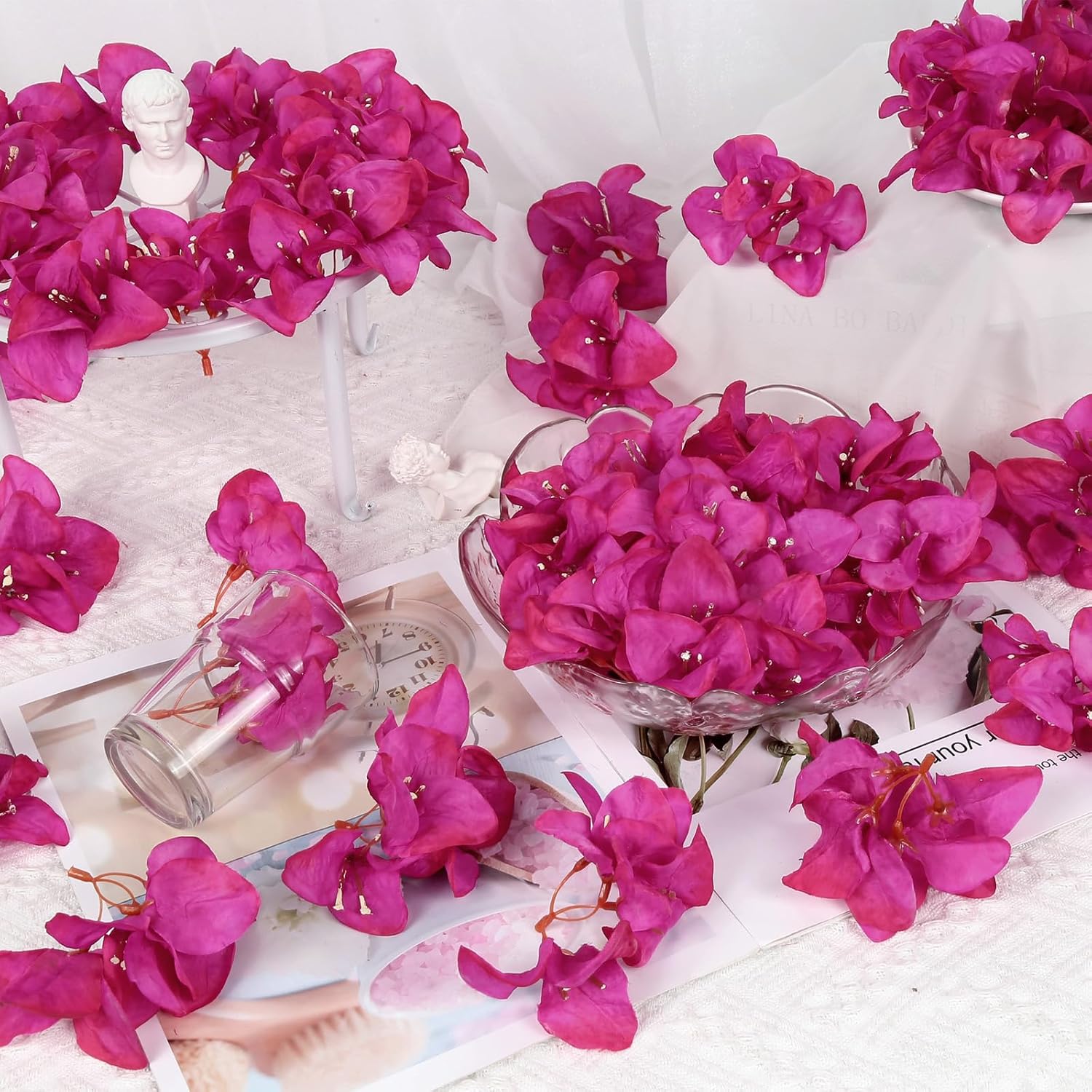 50Pcs Bougainvillea Artificial Flower Heads Hot Pink Silk Fake Flowers Bulk For Crafts Diy Wedding Corsage Cake Decor(Hot Pink)