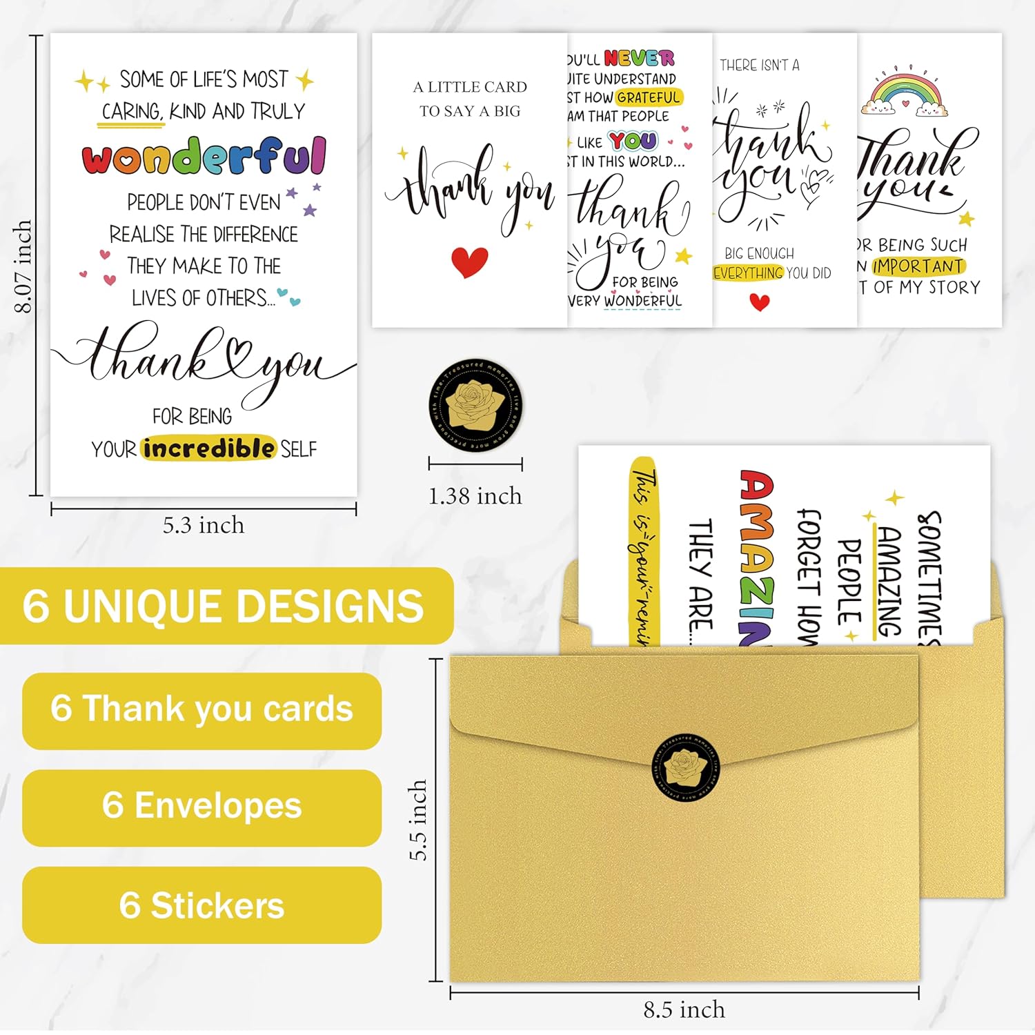 6 Pcs Thank You Cards With Envelope, 8 X 5.3 Inches, Appreciation Card For Men Women, Lovely Thank You Gifts Card For Friend, Coworker, Teacher