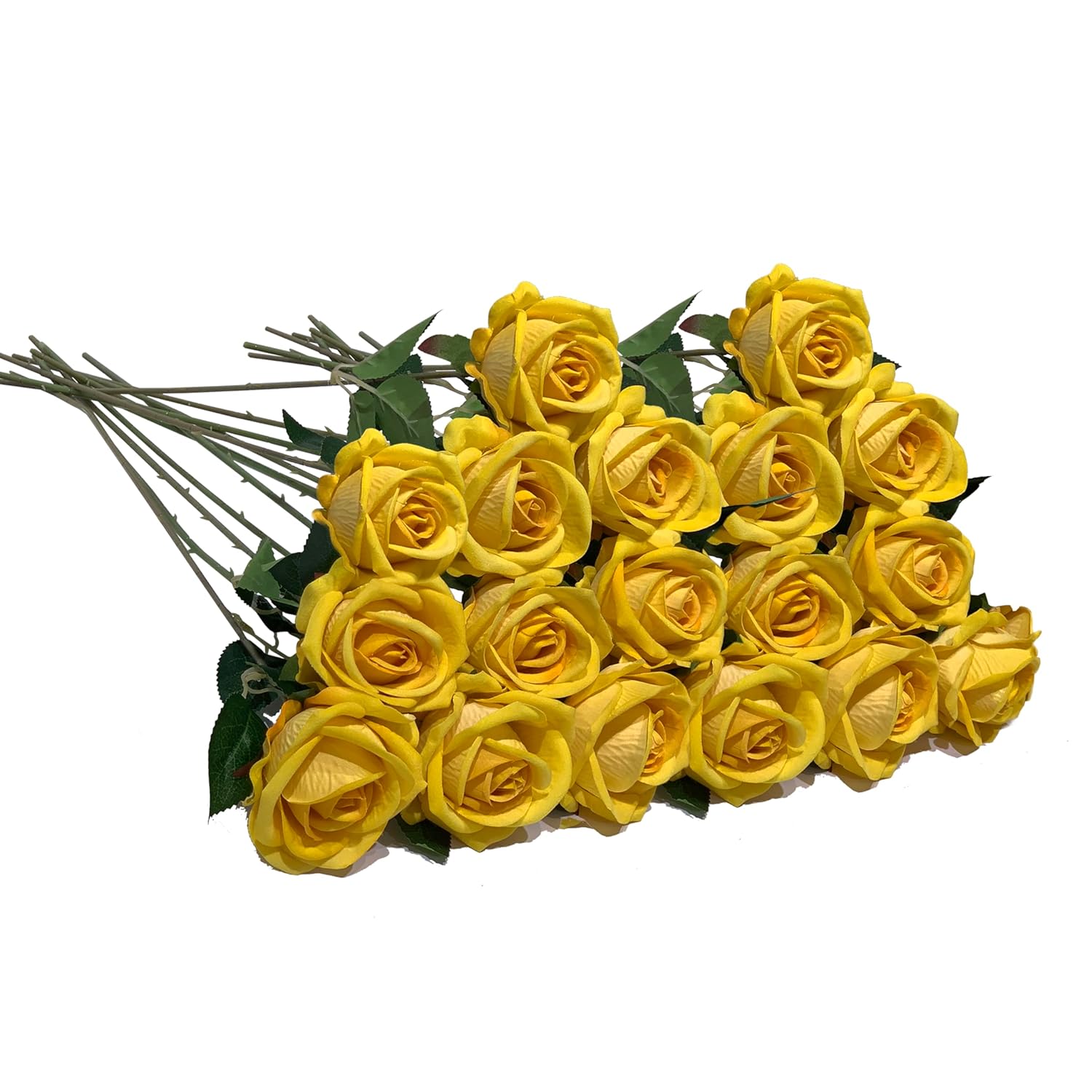 18 Pcs Yellow Roses Artificial Flowers With Long Stem Realistic Flocked Fabric Real Touch Bouquet Of Roses For Home Bridal Wedding Party Table Centerpieces Decorations (Yellow)