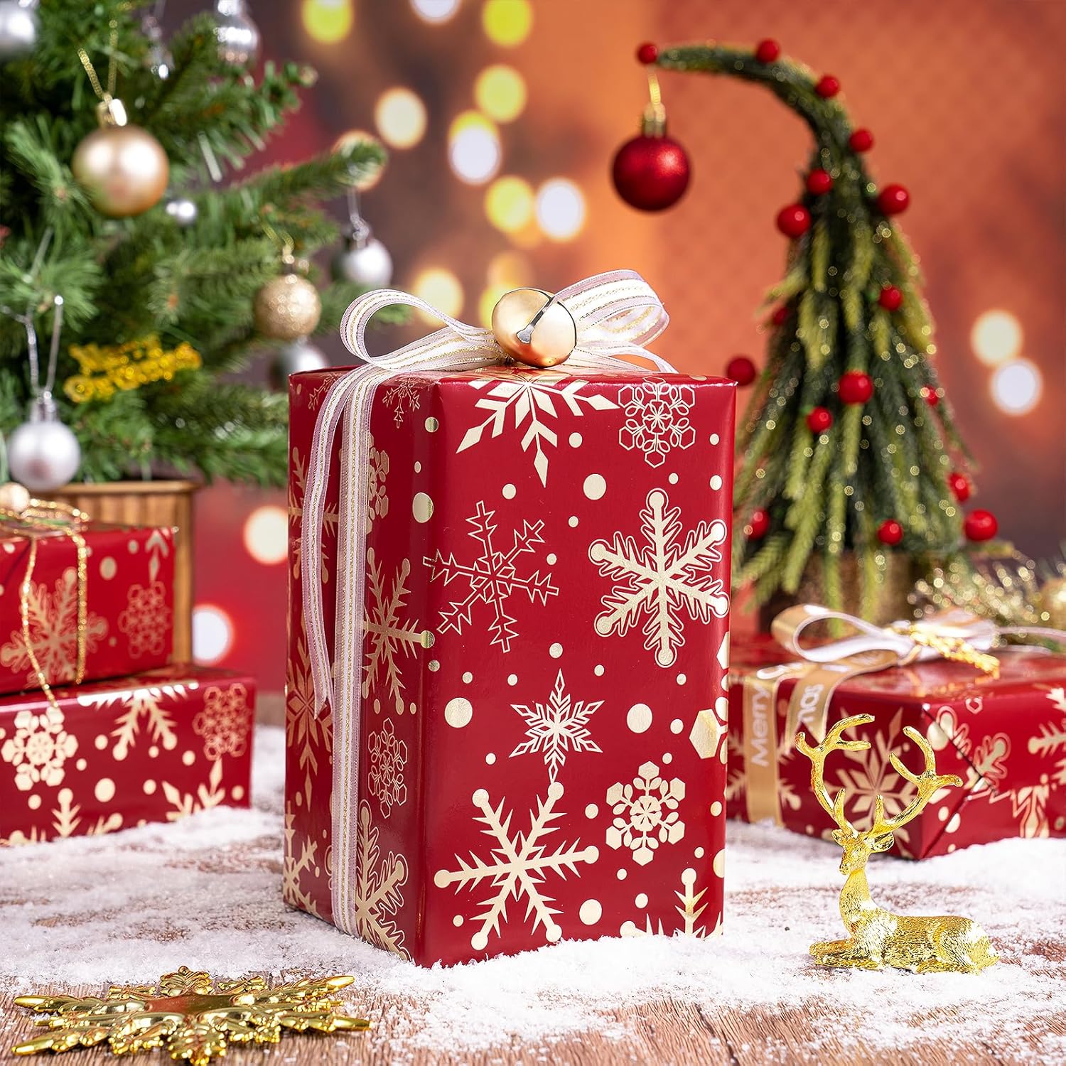 Gold Foil Snowflake Christmas Wrapping Paper Roll, Mini Roll, Elegant Gold And Red Snowflake Design Gift Wrap Paper, Perfect For Holiday Gifts, Christmas Party, 17 Inches X 32.8 Feet